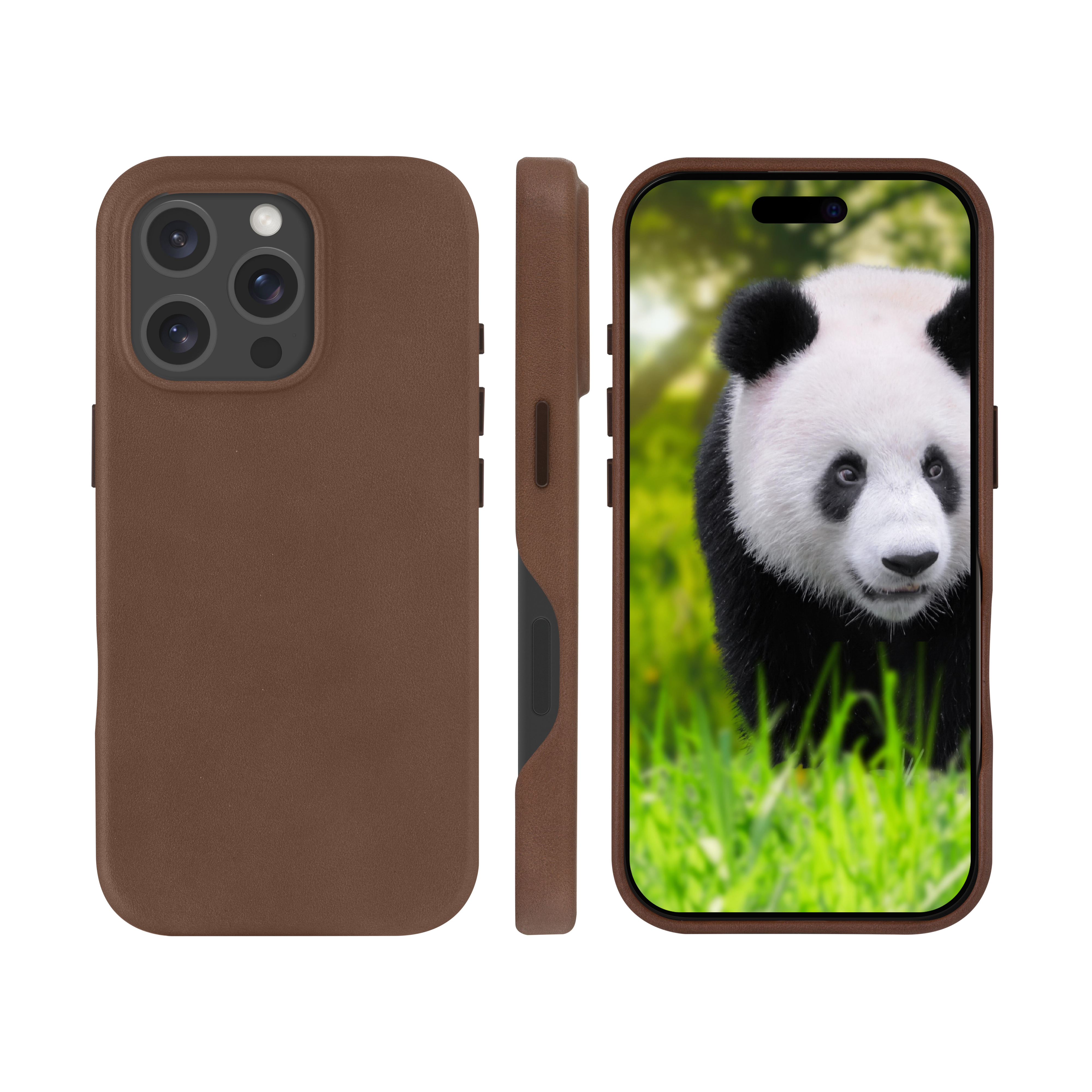 Un telefono con una custodia in pelle marrone e un'immagine di un panda sullo schermo.
