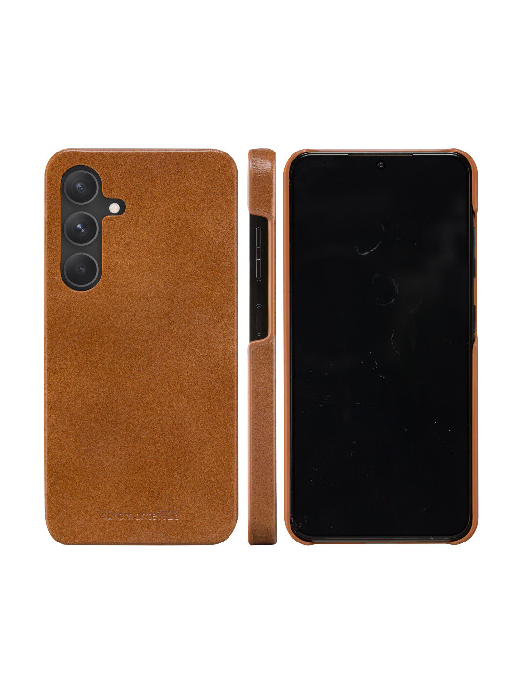 Una custodia per telefono in pelle marrone che mostra la vista posteriore e laterale, con ritagli per la fotocamera.