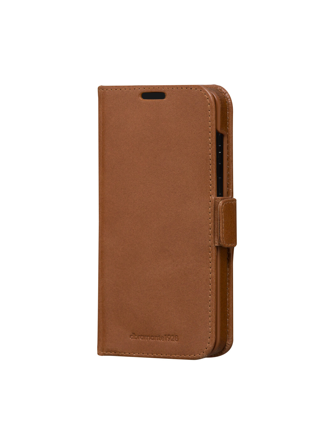 Custodia per telefono in pelle marrone con chiusura magnetica. La custodia è chiusa.