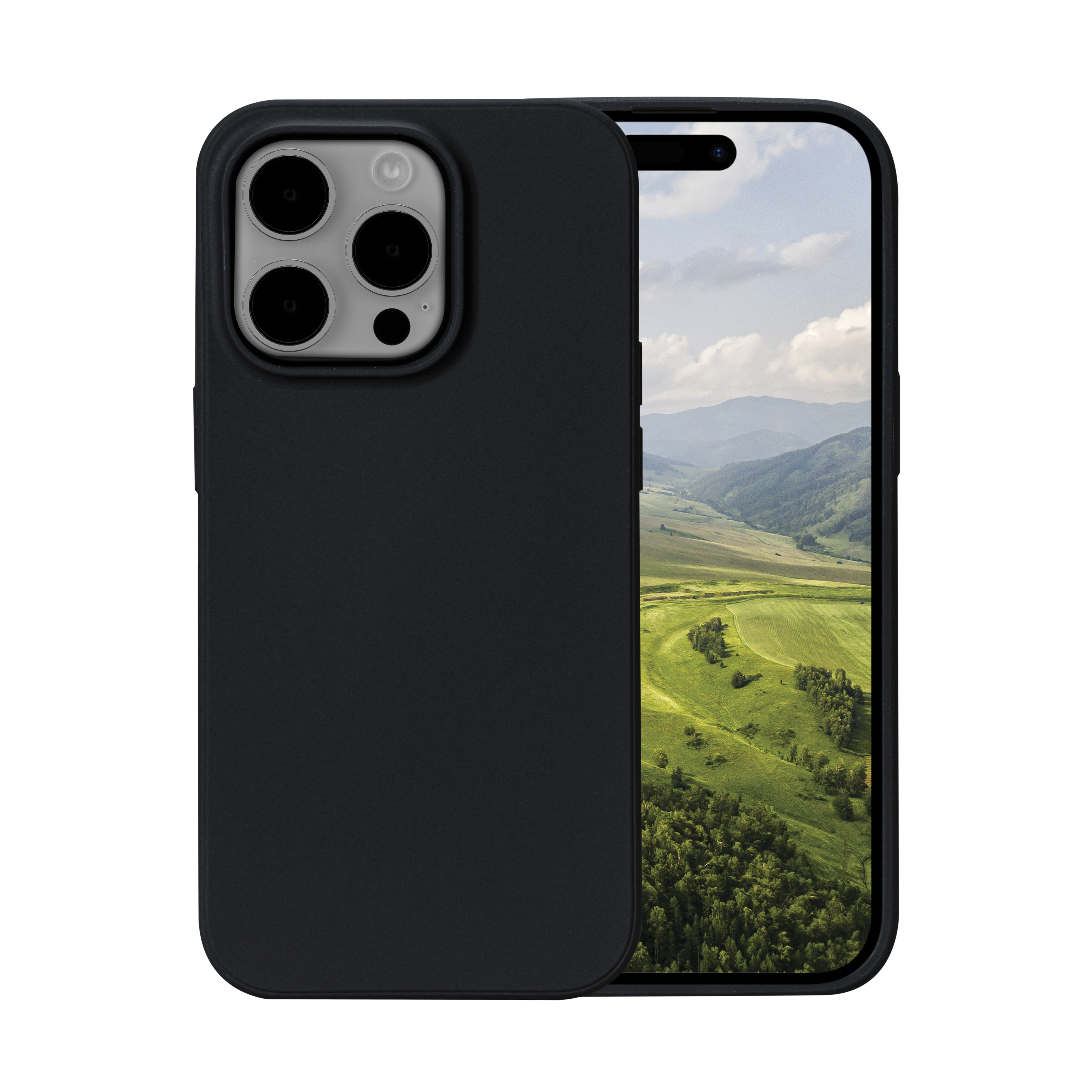 Telefono nero con custodia nera, che mostra la fotocamera del telefono.