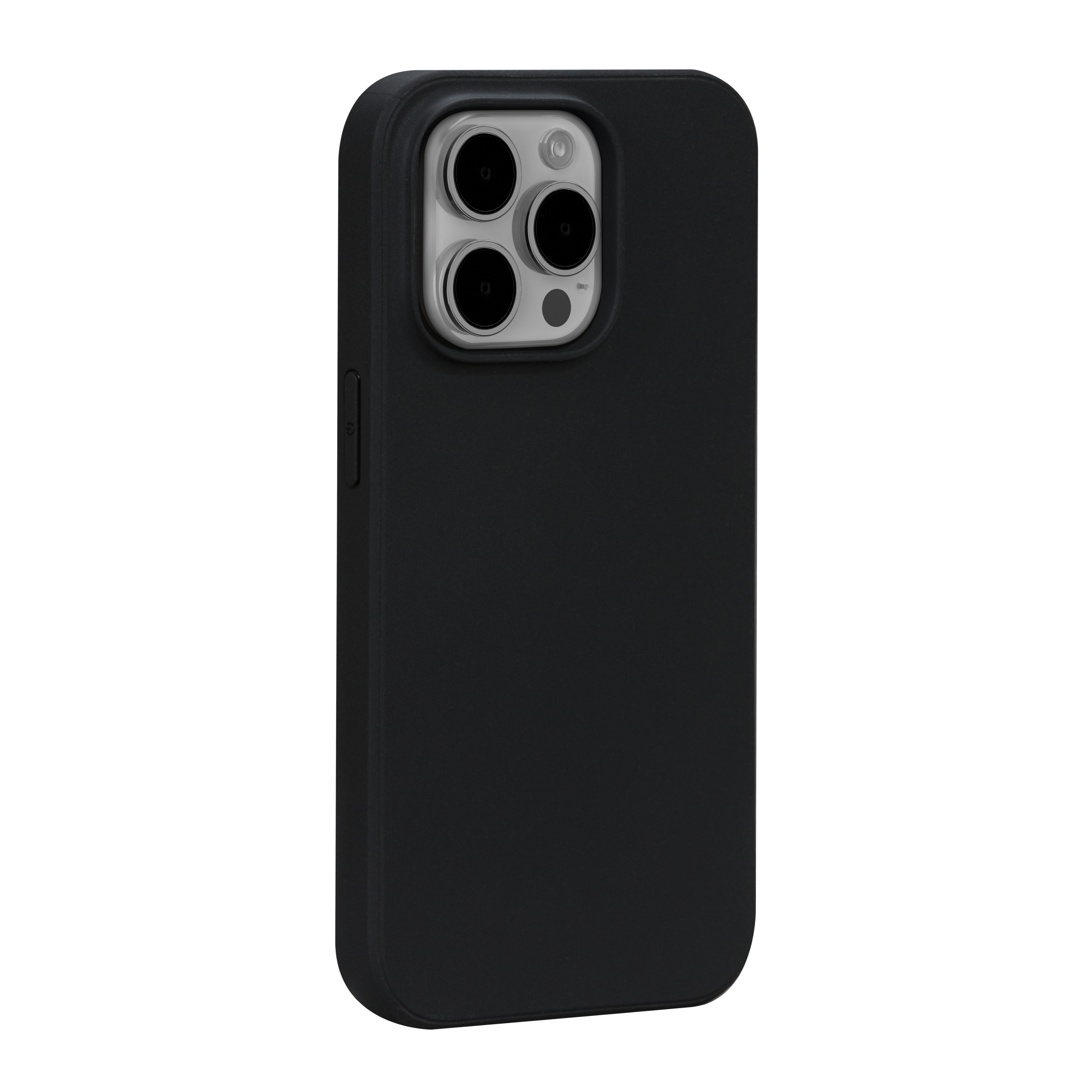 Custodia nera per telefono con tre ritagli per la fotocamera. La custodia è semplice. Sfondo bianco.