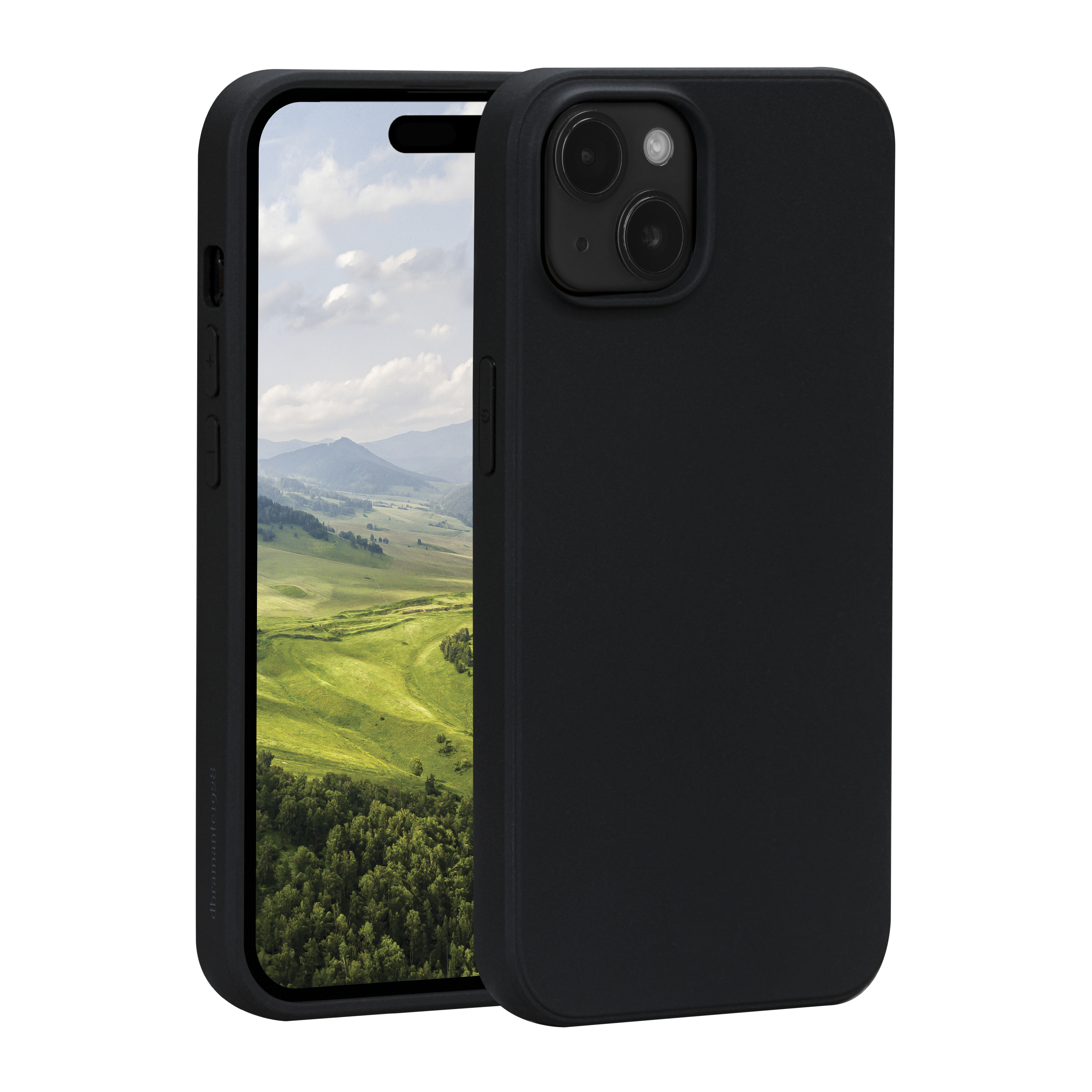 Coque de téléphone noire sur un téléphone. La coque a trois caméras.