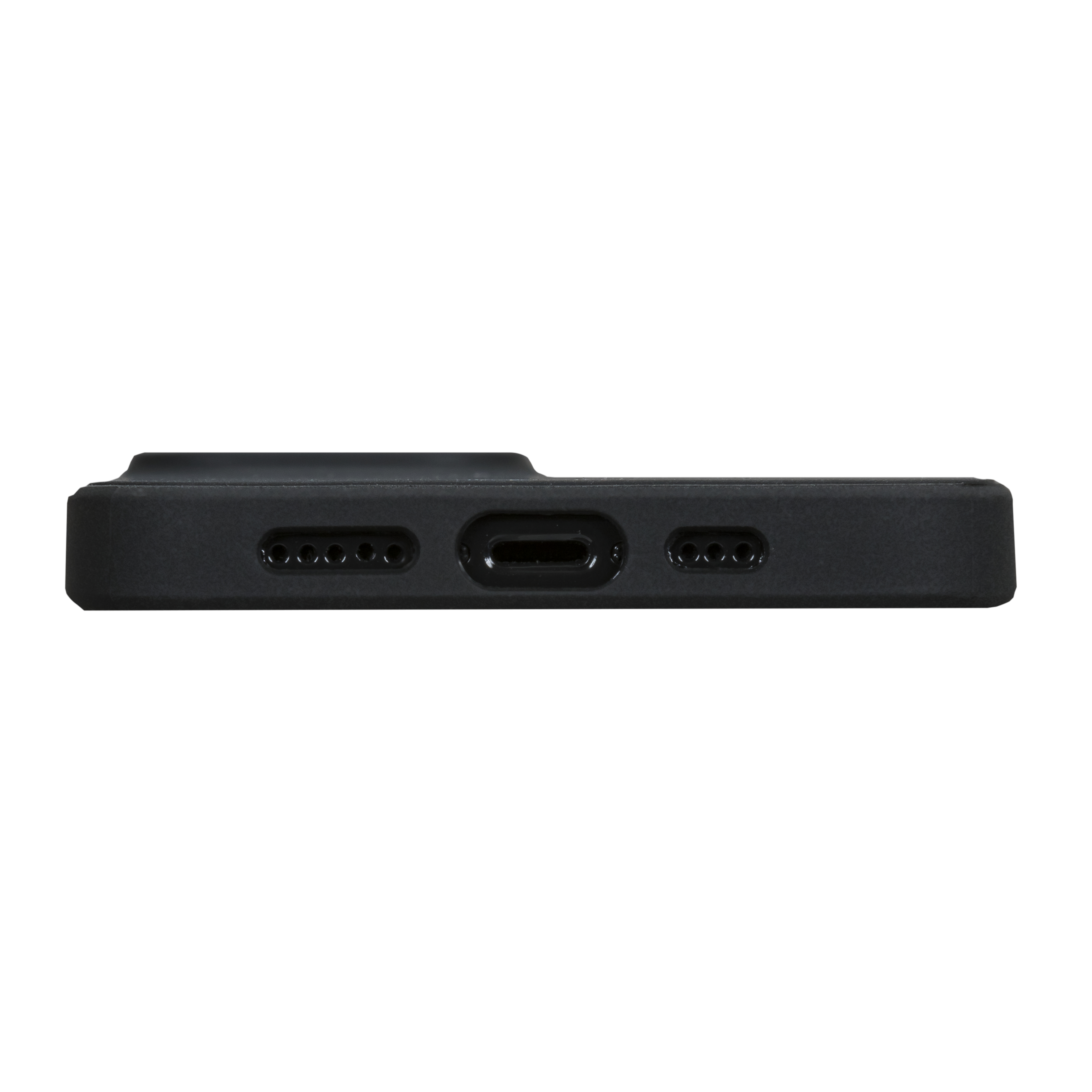 Coque de téléphone noire avec découpes pour port de charge, haut-parleurs et microphone.
