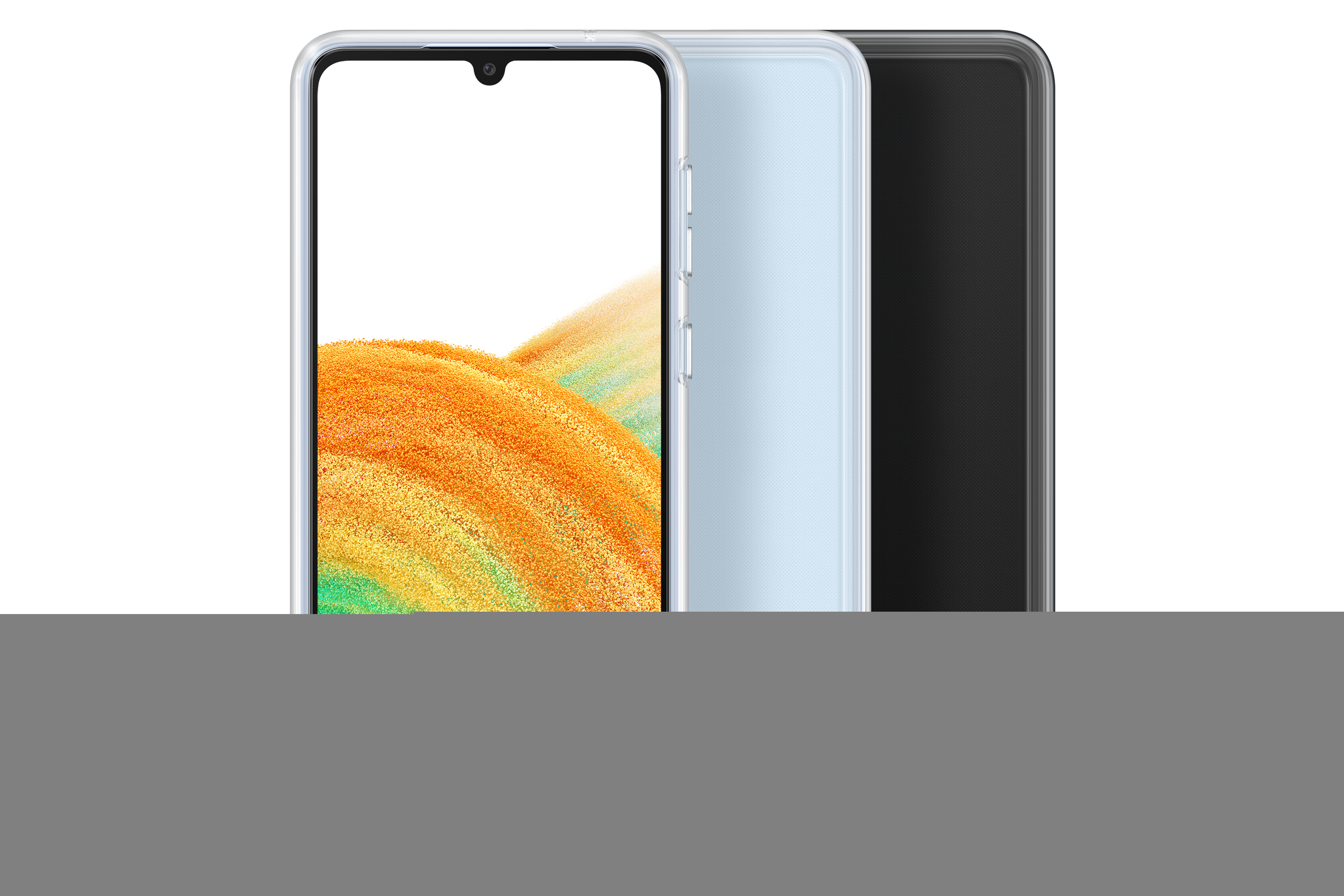 Drei Smartphones, zwei hellblau, ein orange-grünes Display, schräge Ansicht.