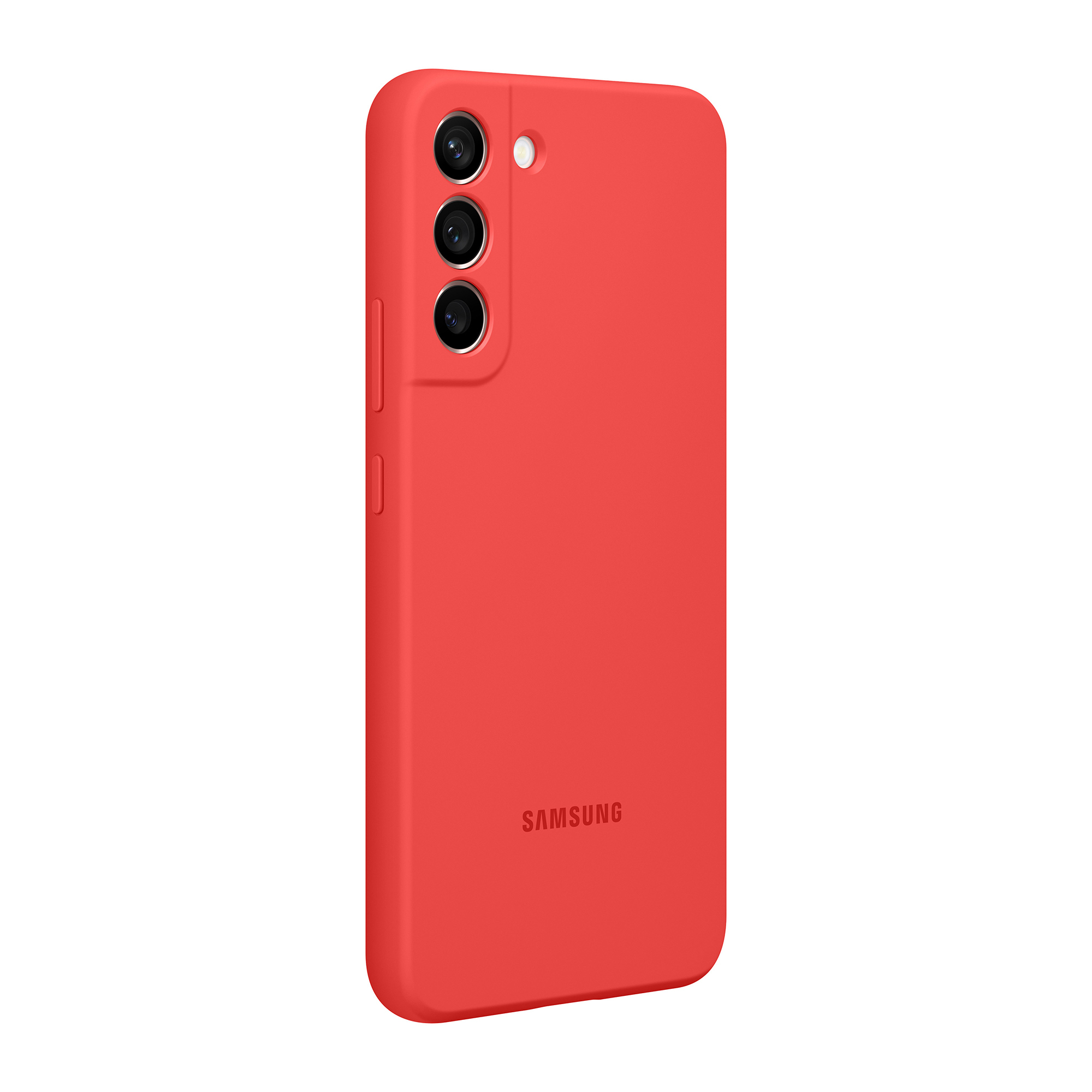 Una custodia rossa per un telefono Samsung con tre fotocamere sul retro.
