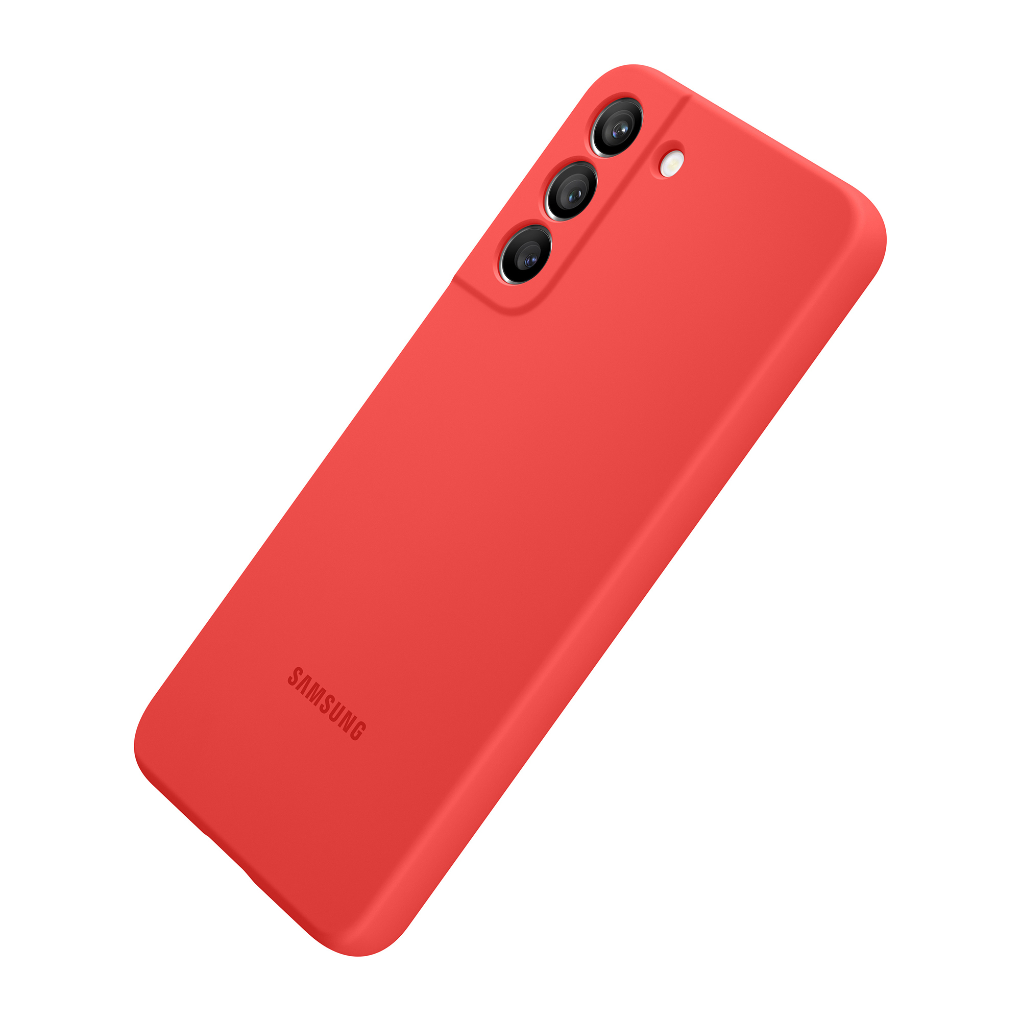 Custodia per telefono rossa con tre obiettivi della fotocamera.  Logo Samsung sul retro.