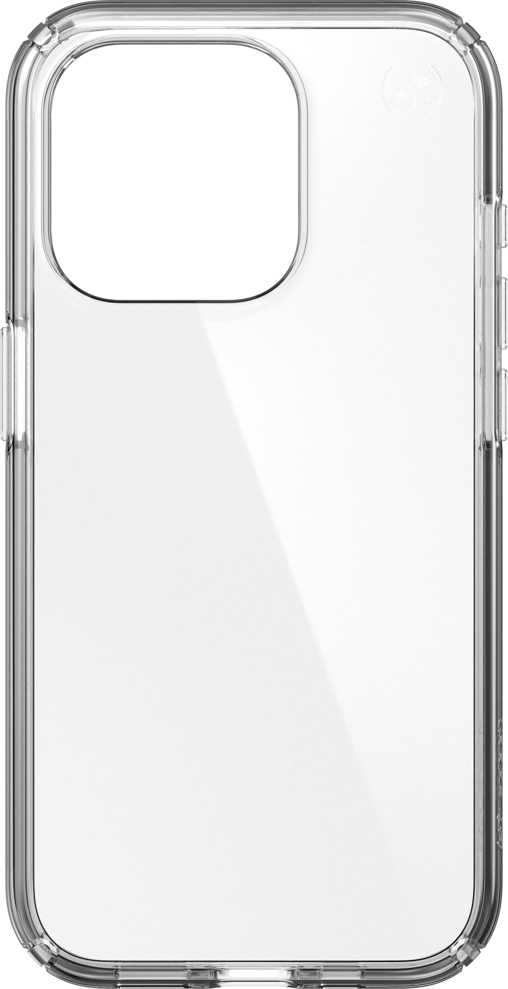 Een transparante telefoonhoes, gemaakt van transparant materiaal, met een uitsparing voor de camera.
