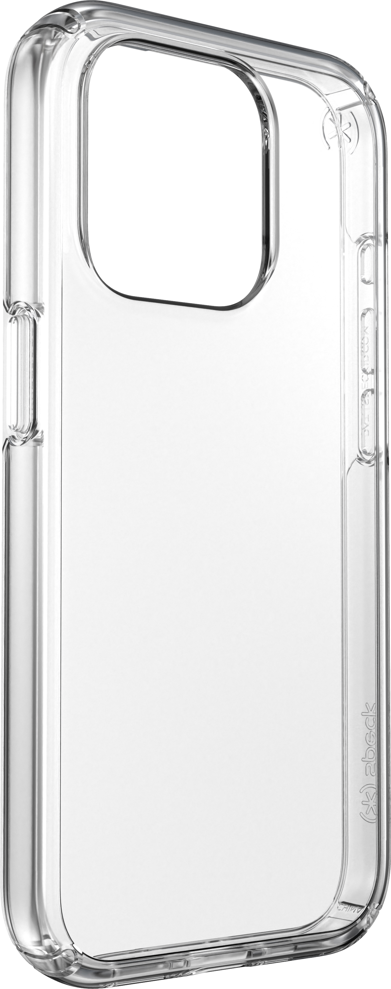 Een doorzichtig telefoonhoesje. Op een witte achtergrond. Met knopbedekkingen.