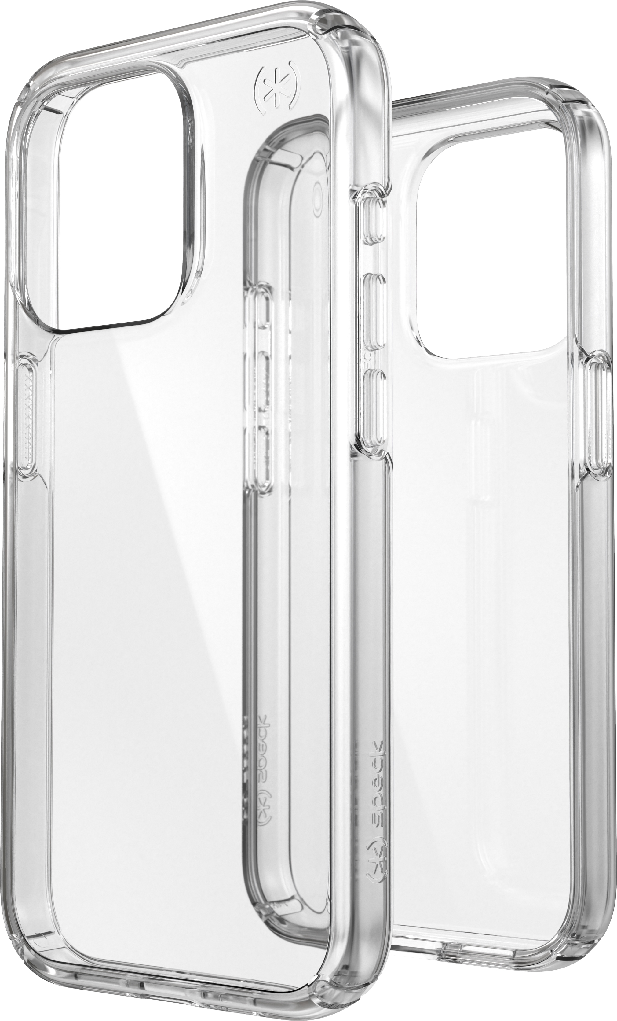 Twee doorzichtige telefoonhoesjes. De hoesjes hebben openingen voor de camera en knoppen.