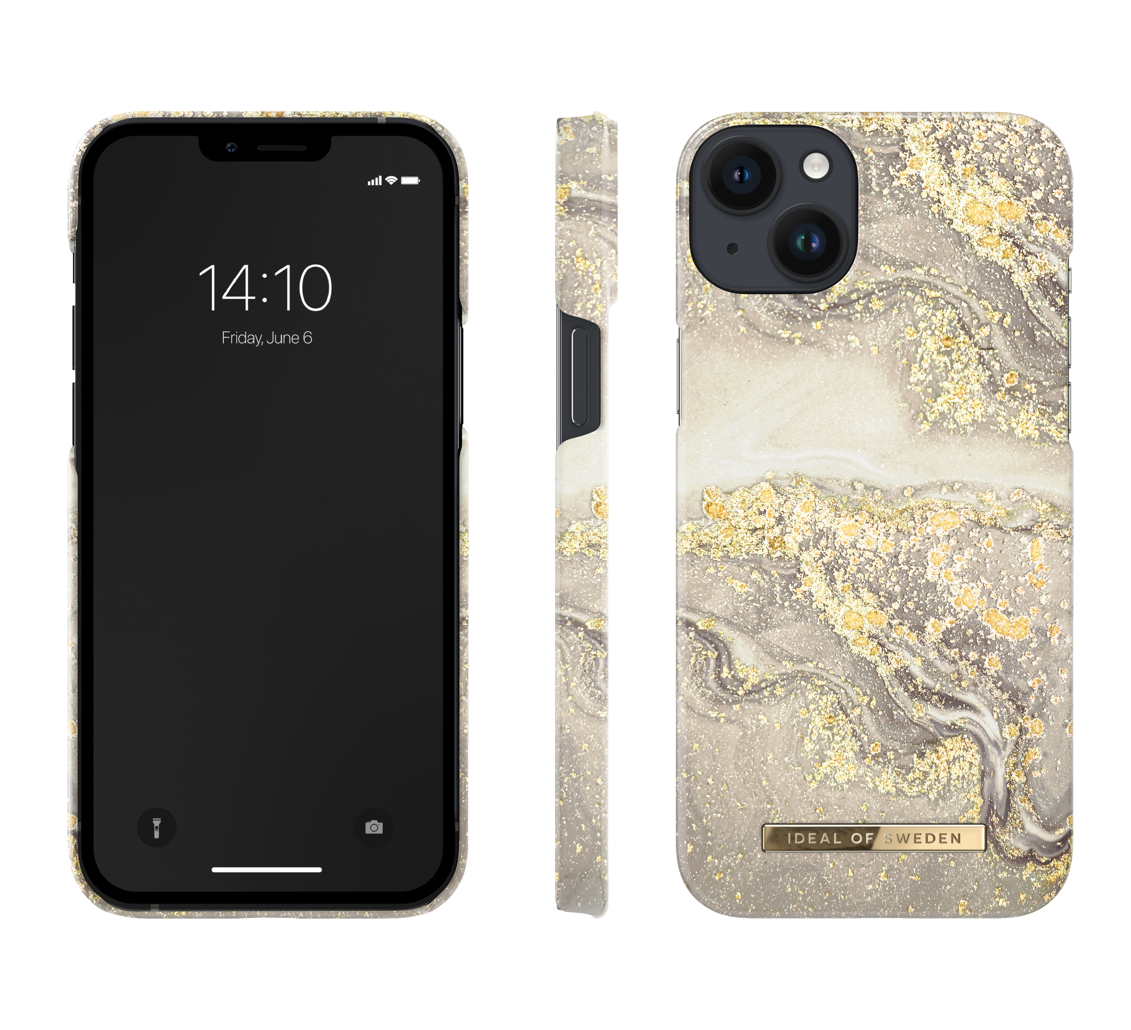 Smartphone mit Hülle in Marmoroptik. Der Bildschirm zeigt Uhrzeit und Datum an.