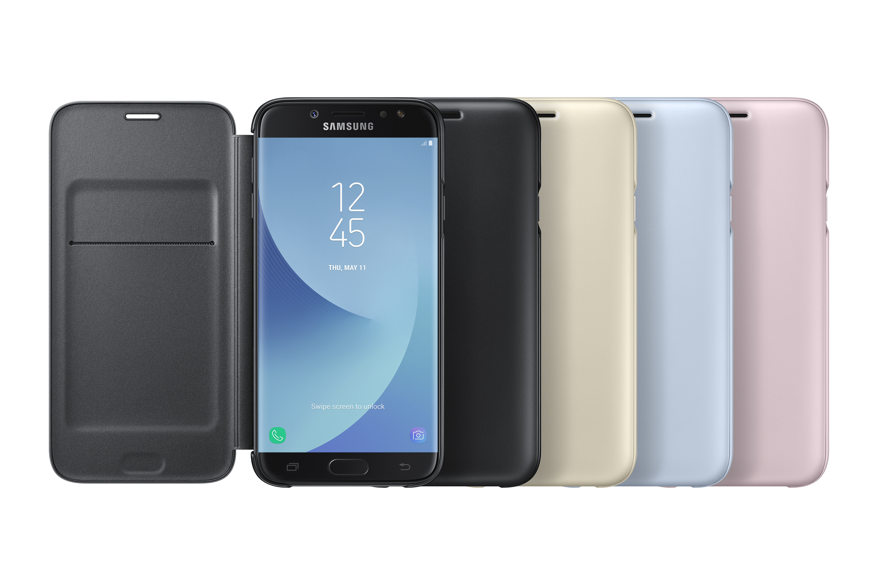 Eine Reihe von Mobiltelefonen in verschiedenen Farben. Eines ist geöffnet und zeigt die Uhrzeit und einen blauen Hintergrund.