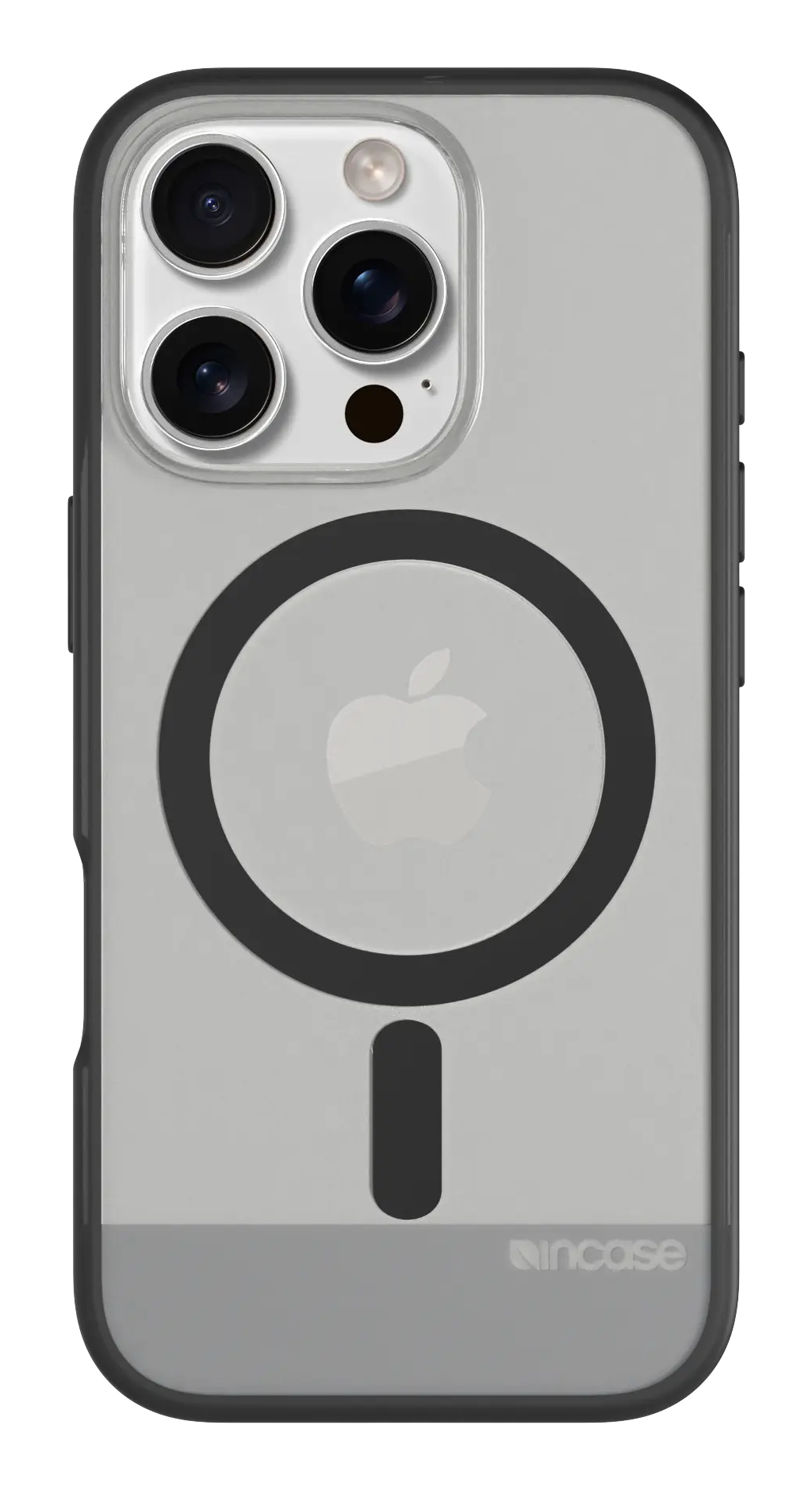 Una custodia per telefono con retro trasparente e un cerchio nero per MagSafe. Il logo Apple è visibile.