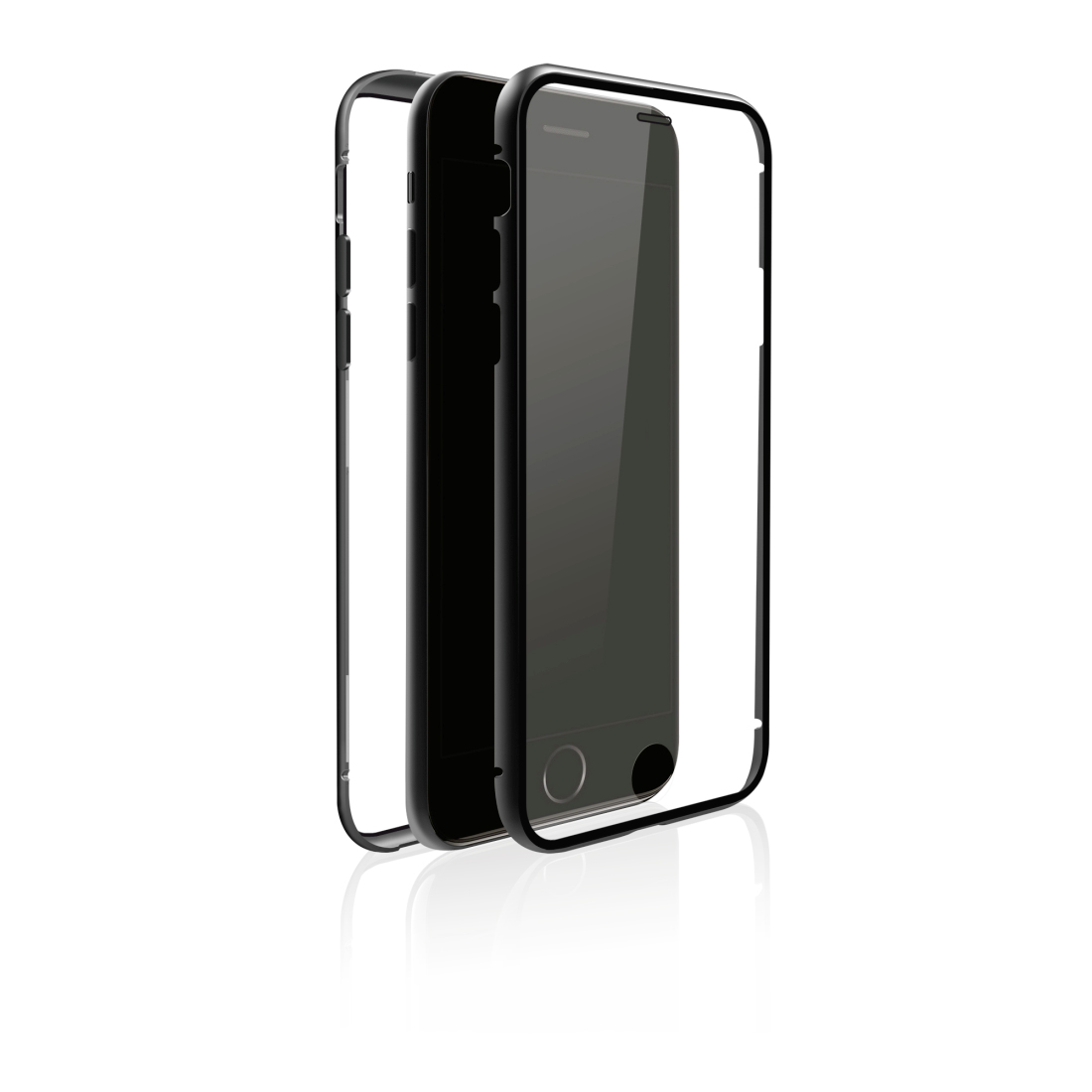 Schwarze Handyhülle mit einem Telefon darin. Transparenter Displayschutz.