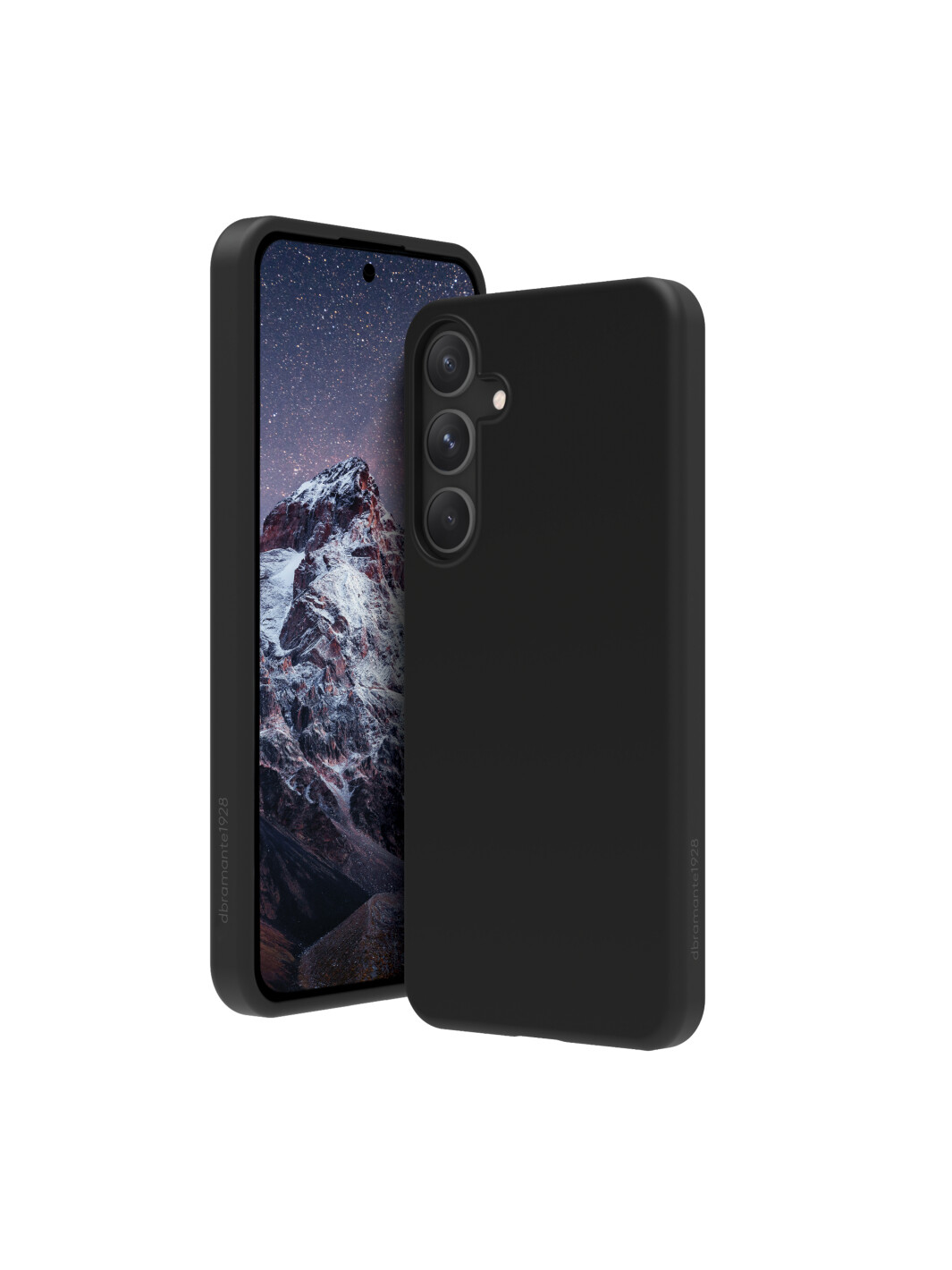 Custodia per telefono nera, con un telefono all'interno. La fotocamera è visibile, su sfondo bianco.