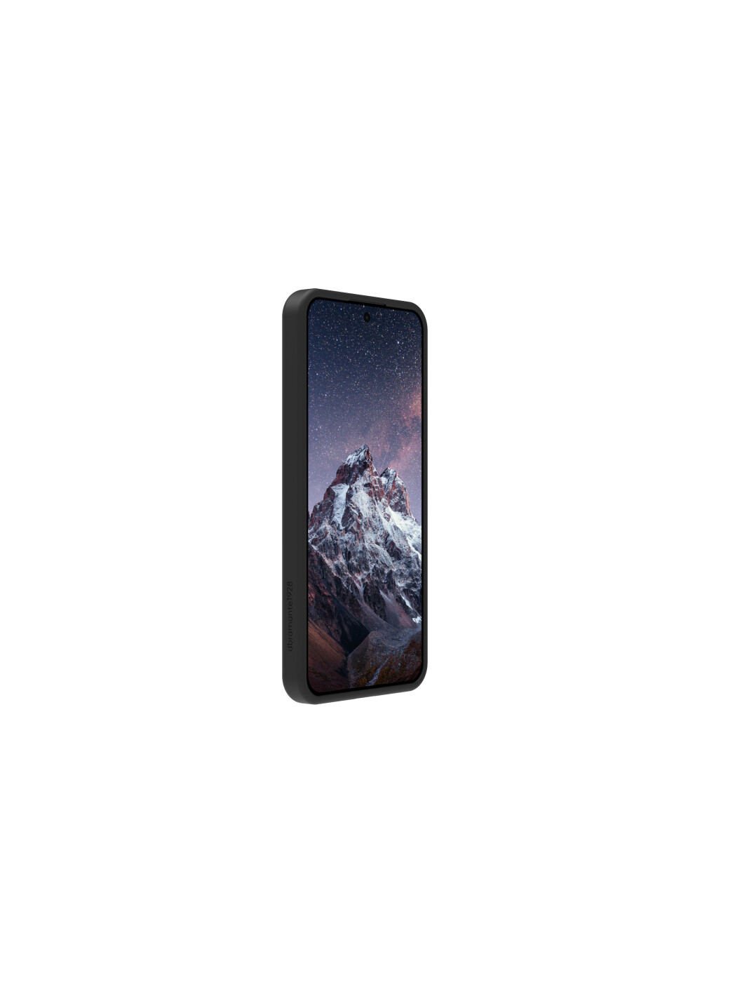 Smartphone in una custodia nera, che mostra un paesaggio montano innevato.
