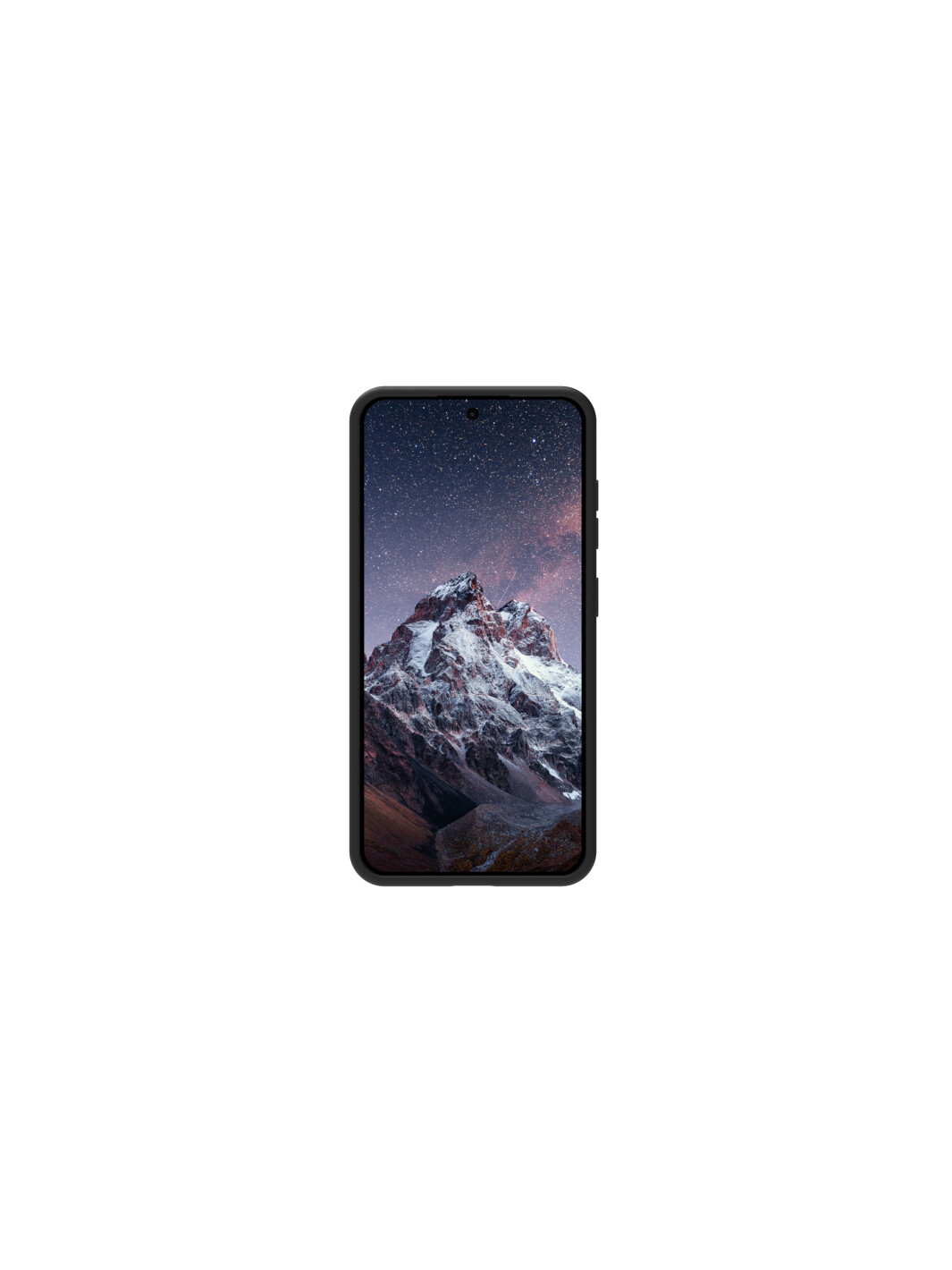 Smartphone che mostra una scena notturna di montagna con cielo stellato. Il telefono ha una cornice nera.