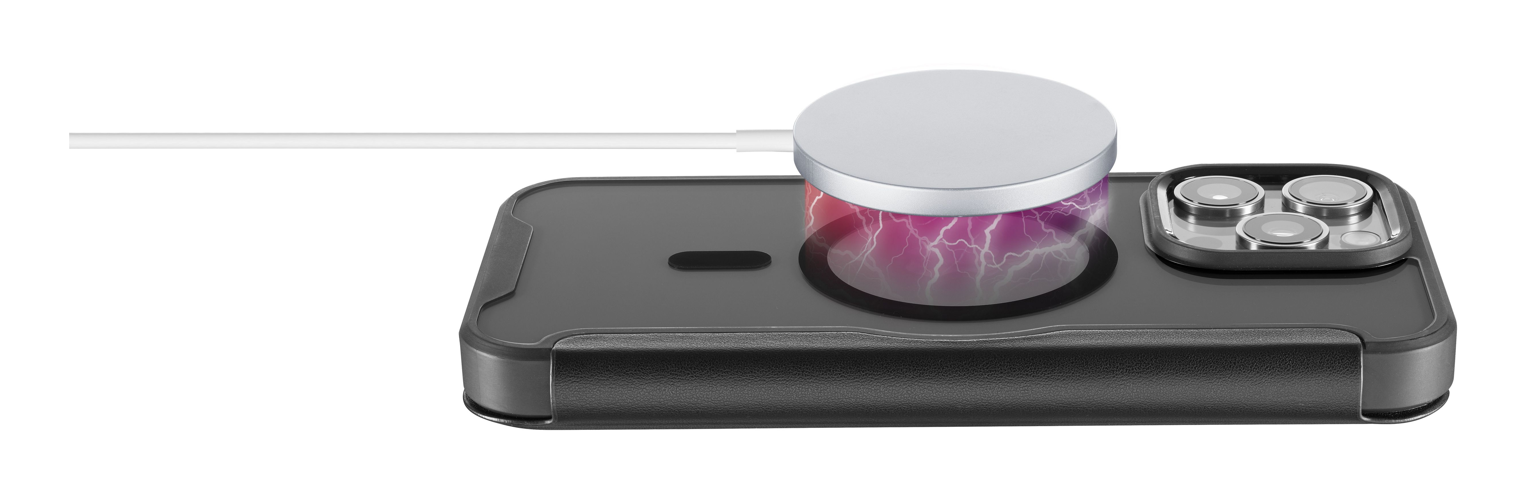 Schwarzes Telefon wird kabellos geladen. Weißes Ladepad mit violettem Blitz.