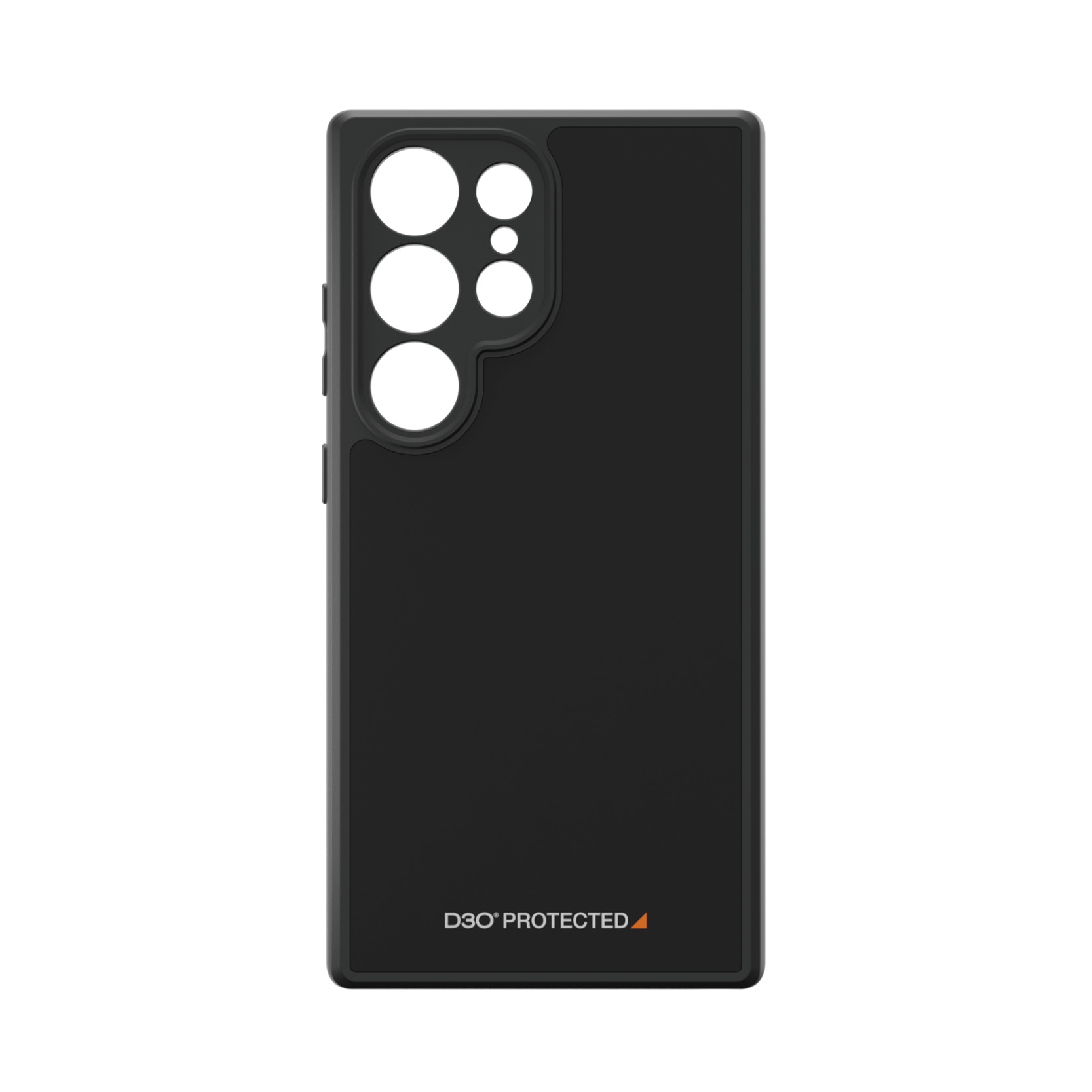 Custodia nera per telefono con tre ritagli per fotocamera e logo D3O PROTECTED. Sfondo nero.