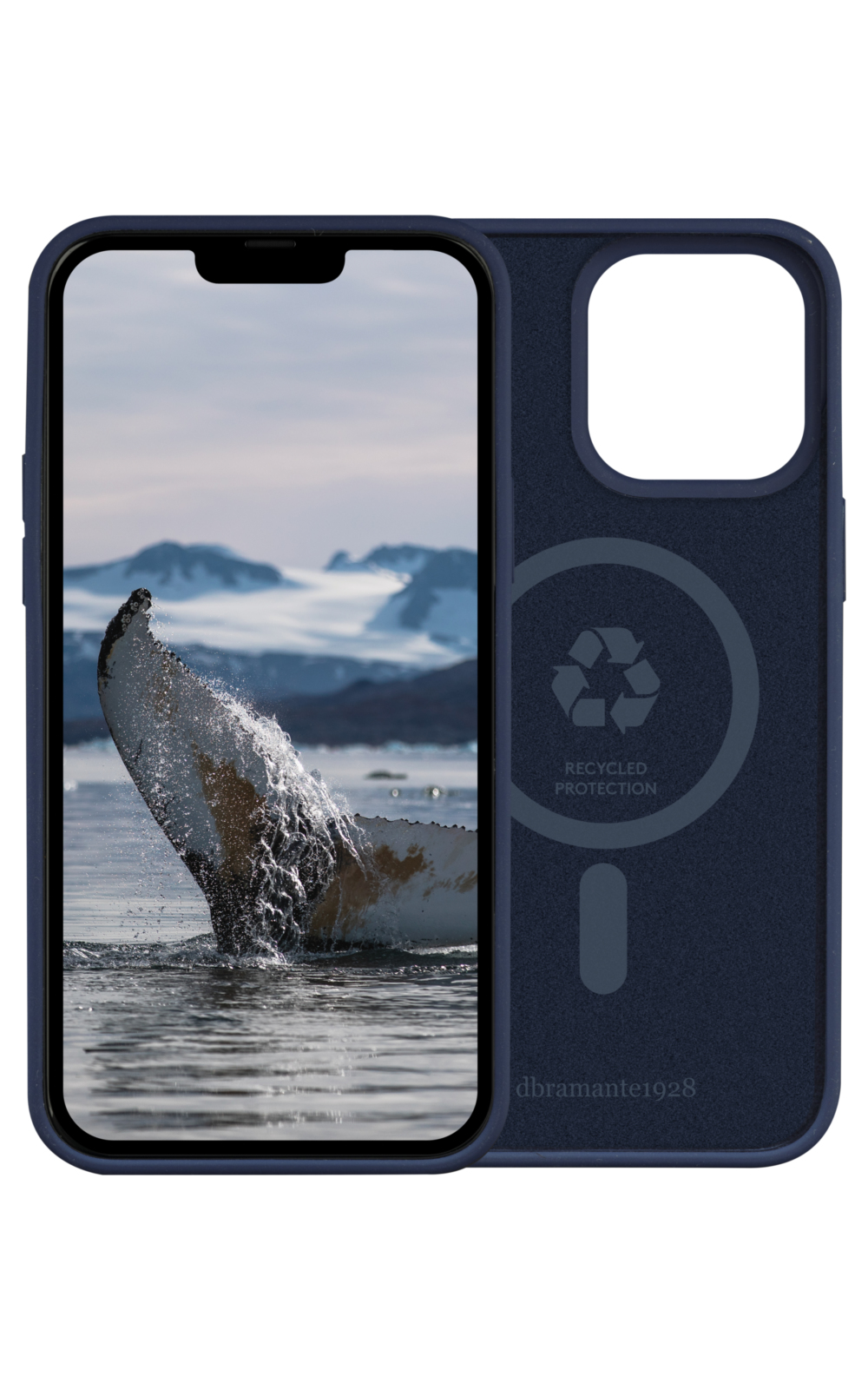 Custodia blu per telefono con immagine di coda di balena a sinistra. Altra custodia a destra.