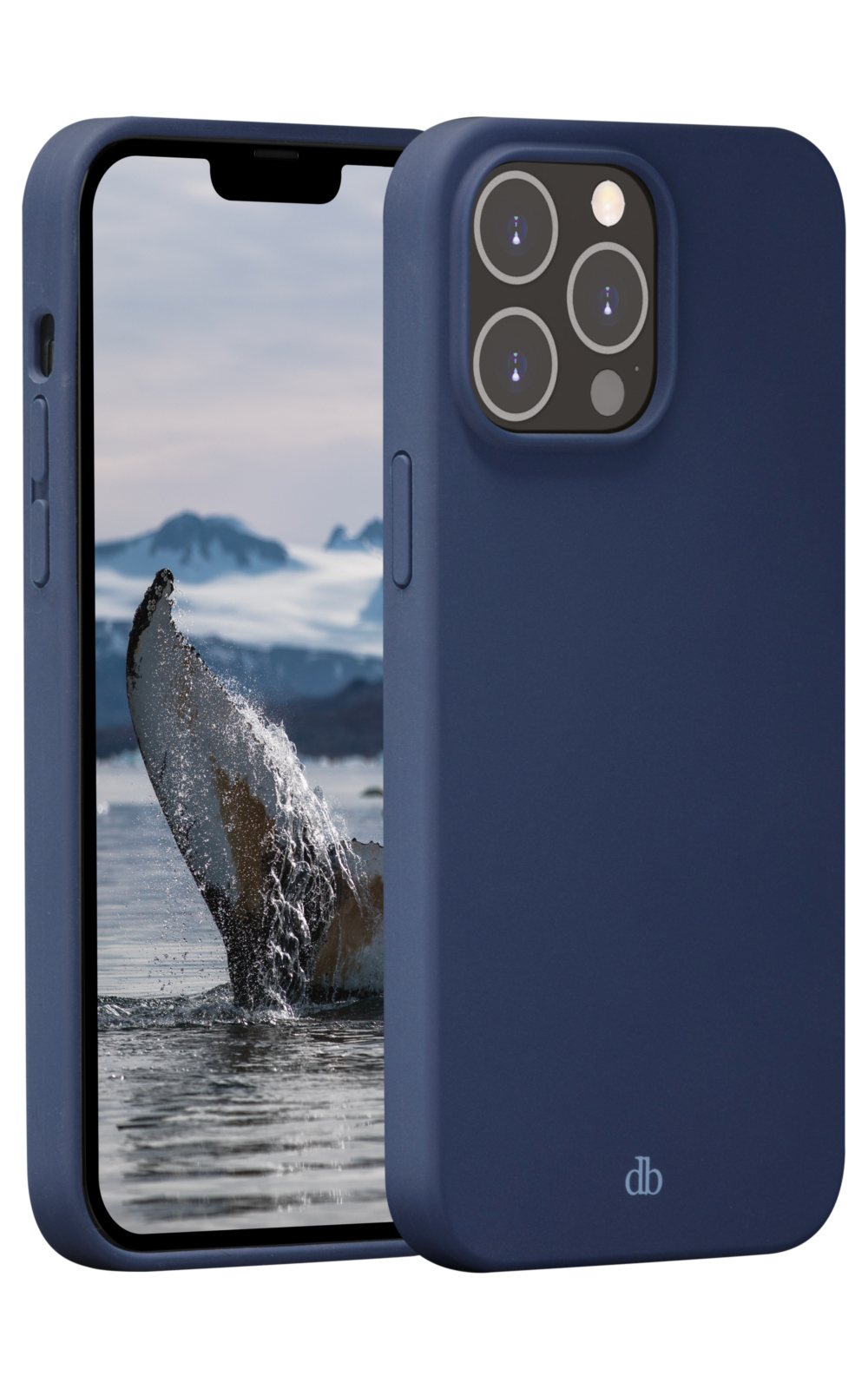 Una custodia per telefono blu navy con immagine di balena sullo schermo. Modulo fotocamera nero.