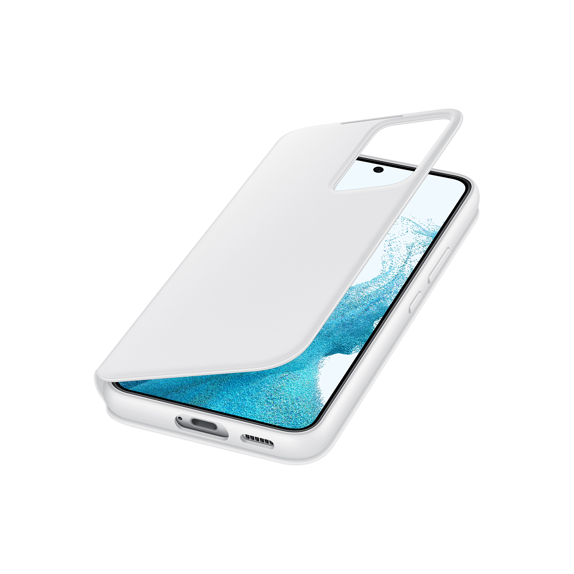 Una funda de teléfono blanca con un teléfono dentro. La funda está abierta, revelando la pantalla del teléfono.