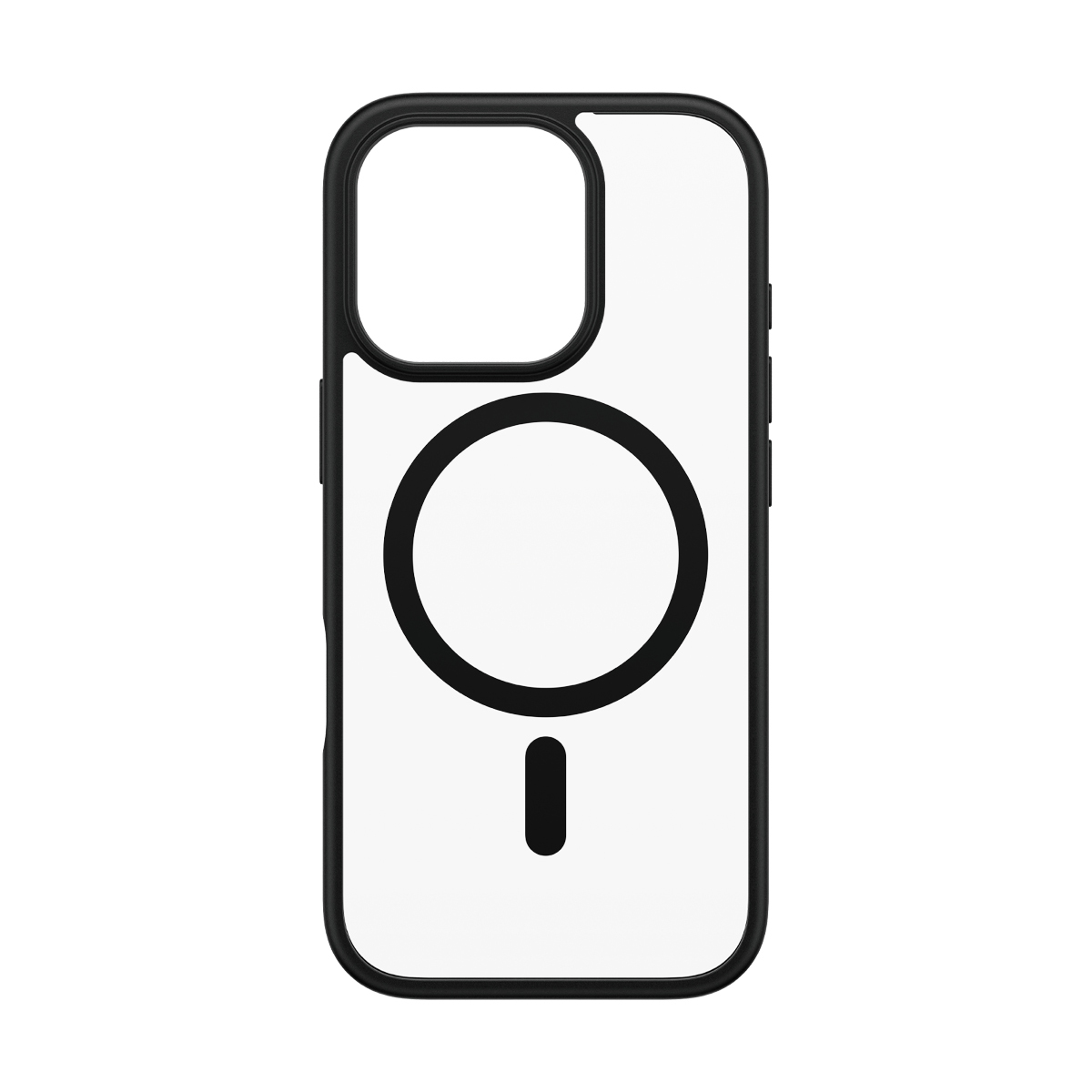 Czarne etui na telefon z przezroczystym tyłem i okrągłym wzorem. Białe tło.