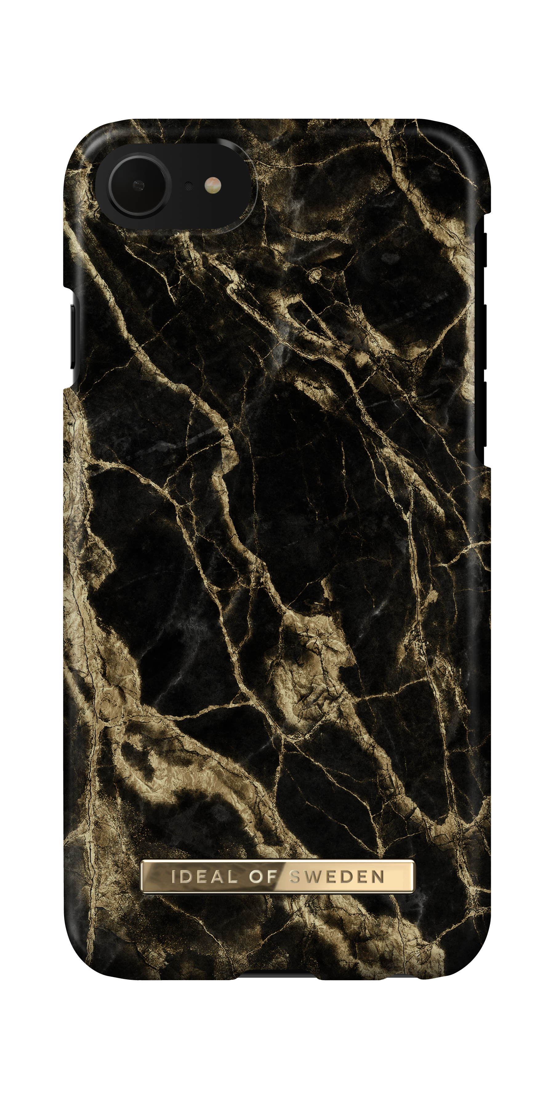Custodia per telefono in marmo nero con logo IDEAL OF SWEDEN dorato.