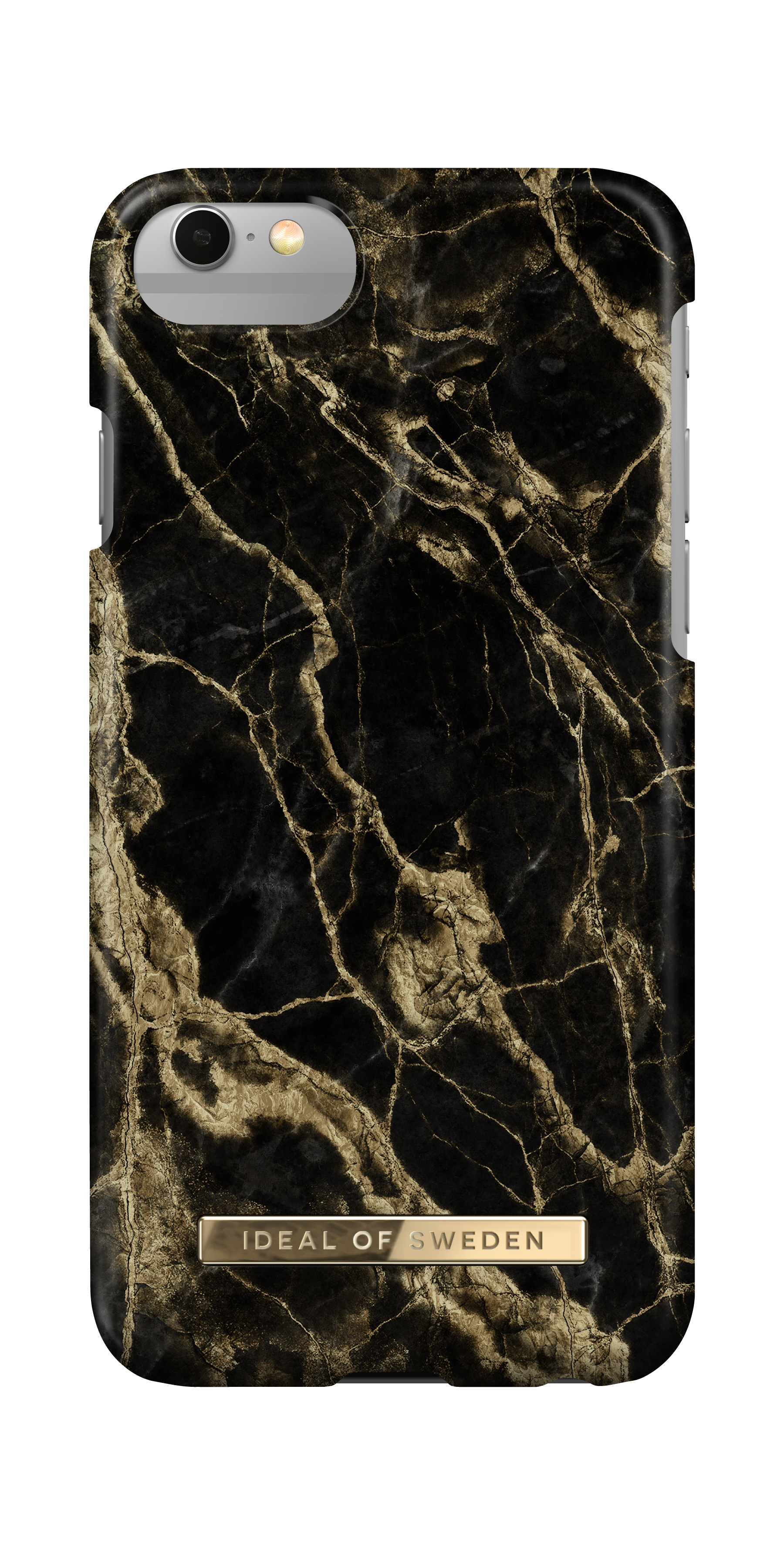 Custodia per telefono in marmo nero con venature dorate, il marchio è in basso.
