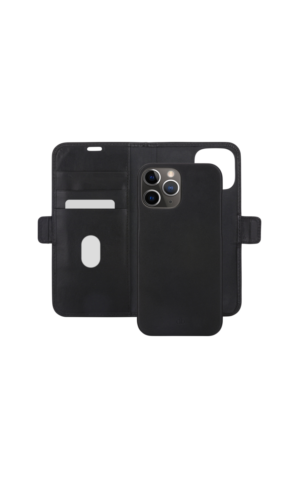 Una custodia per telefono con una texture in pelle nera. Il telefono è inserito nella custodia ed è aperto.