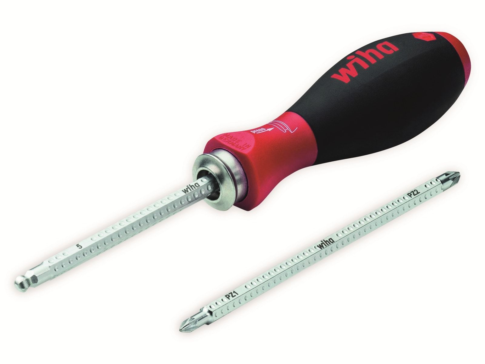 Czerwony i czarny śrubokręt Wiha z dwoma wymiennymi bitami.