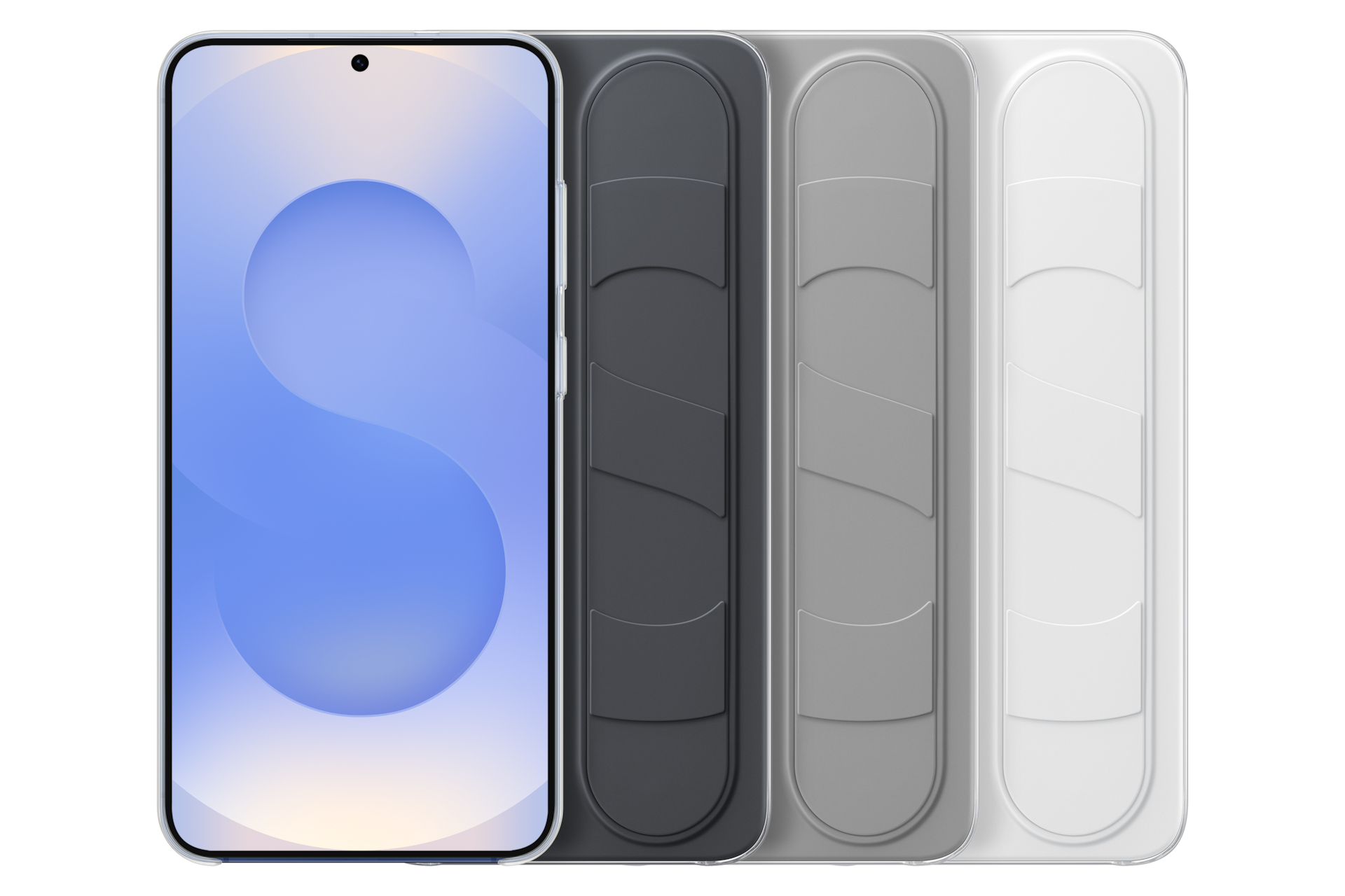 Smartfon z jasnoniebieskim ekranem jest pokazany obok etui w kolorze szarym, ciemnoszarym, jasnoszarym i białym.