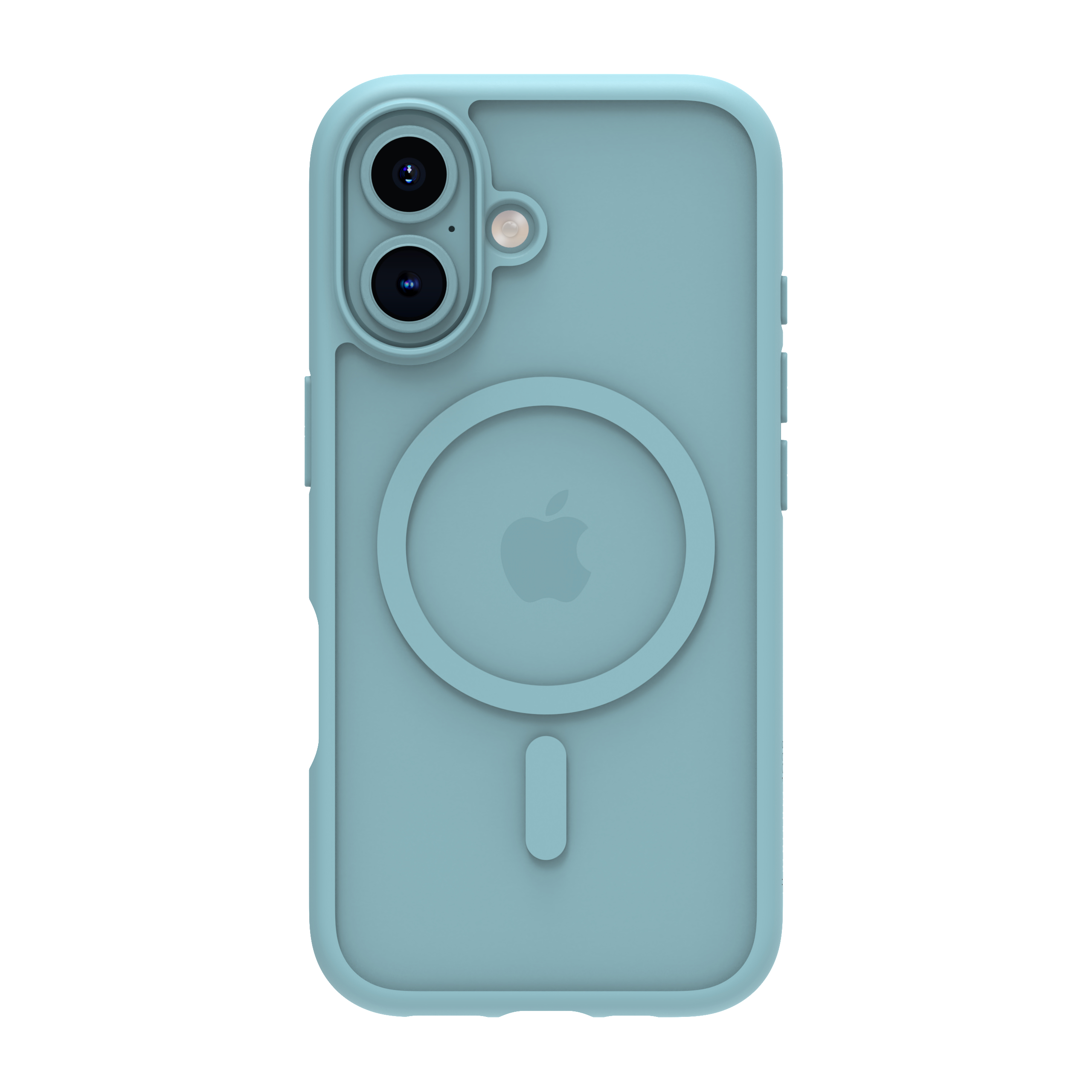 Custodia blu per telefono con un cerchio e il logo Apple.