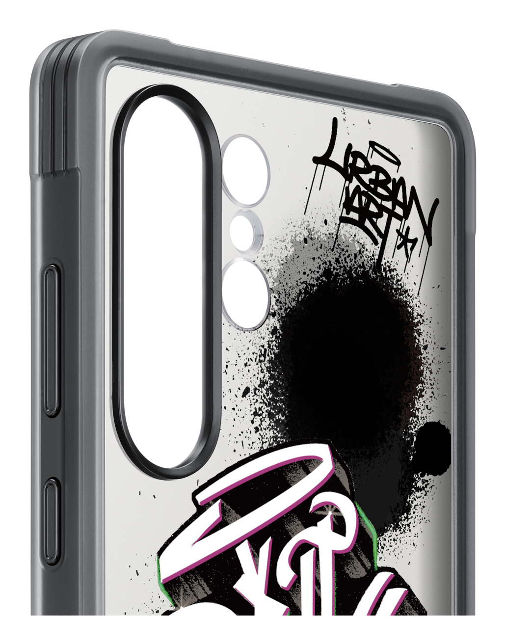 Close-up van een telefoonhoesje met graffiti. De hoes is grijs en transparant.