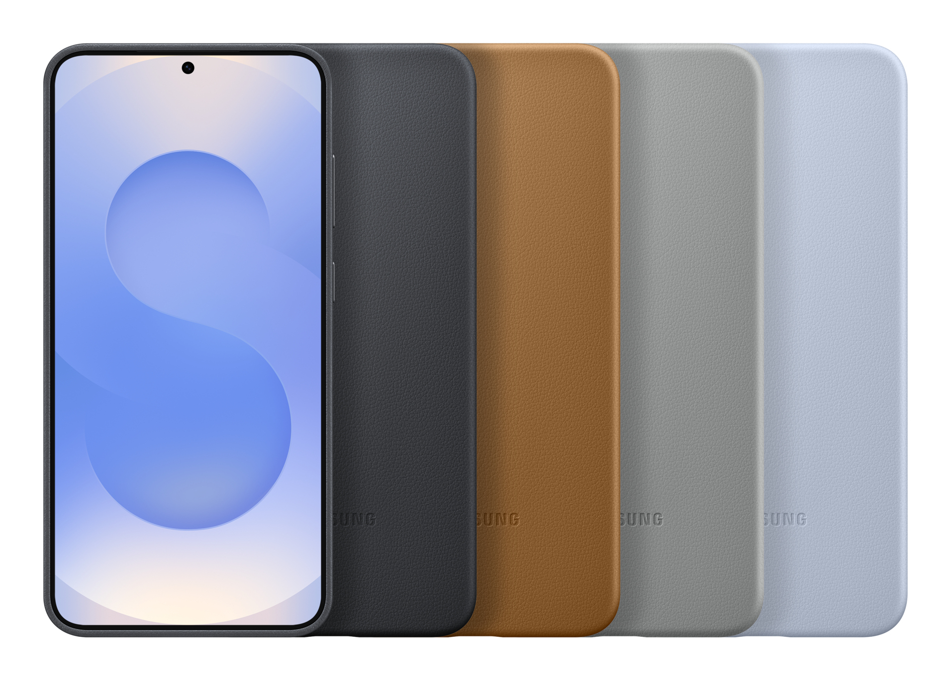 Telefon und Hüllen: schwarz, braun, grau und blau.