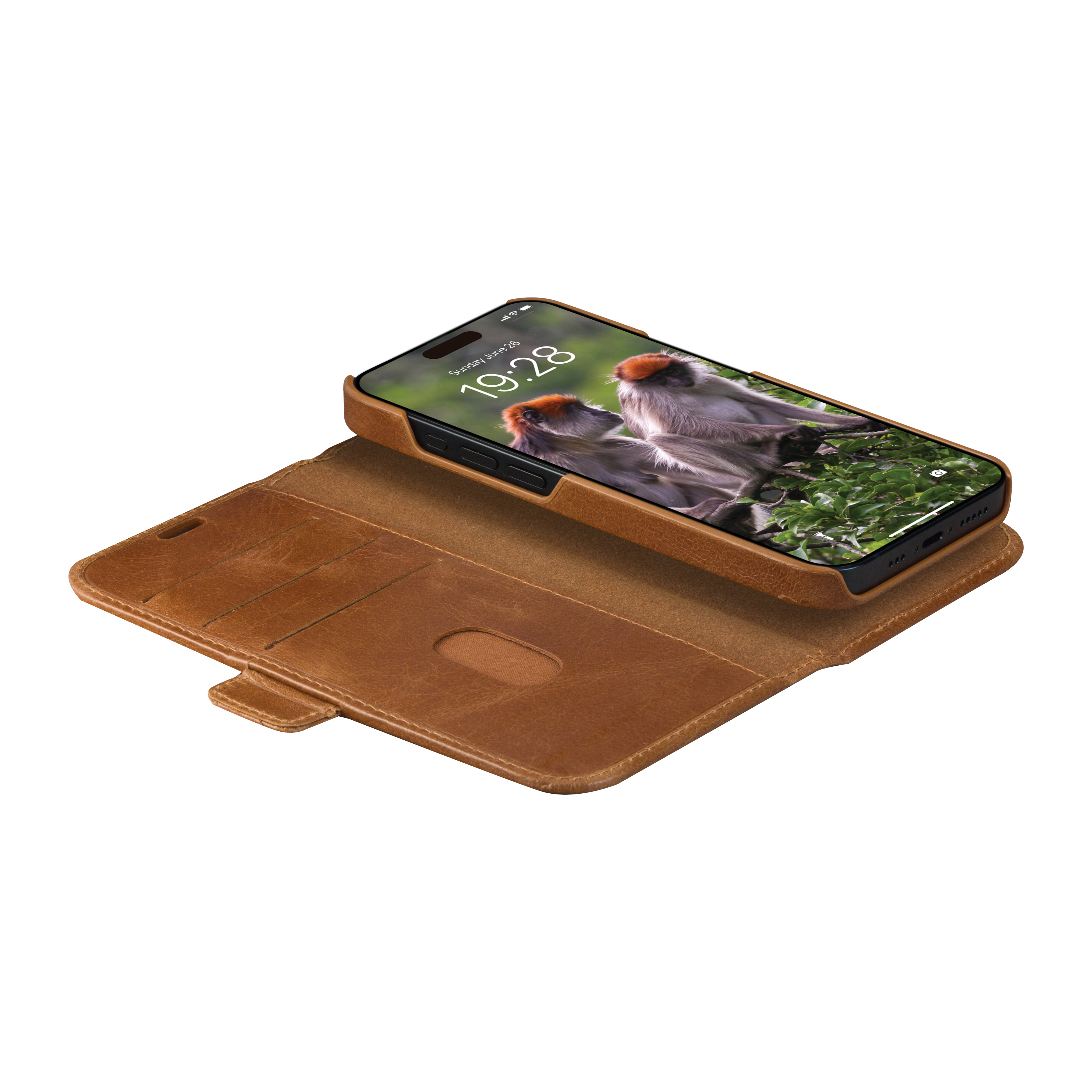 Braune Leder-Handyhülle mit einem Telefon, das zwei Affen auf grünem Hintergrund zeigt.