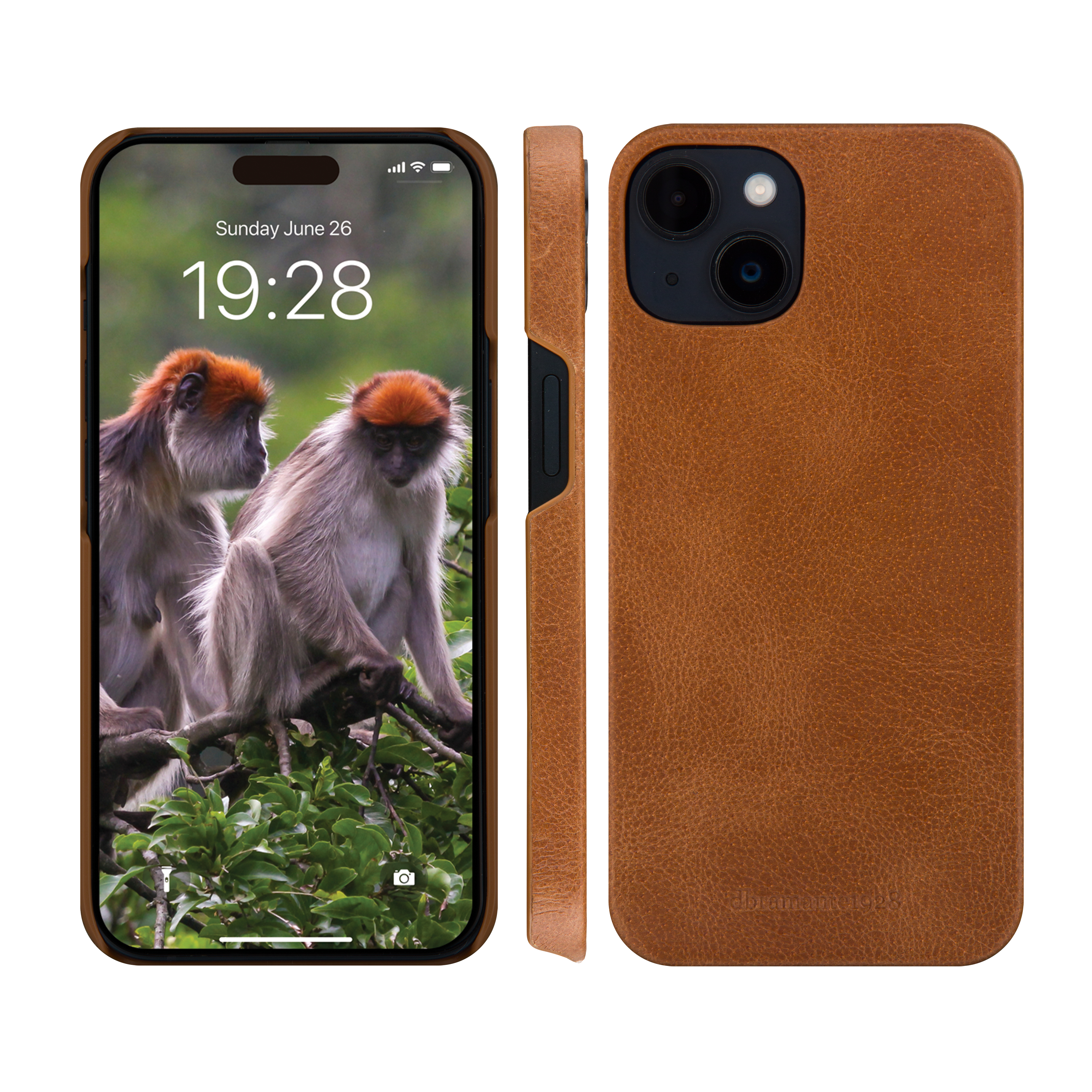 iPhone in brauner Lederhülle, Bildschirm zeigt Affen im Baum.