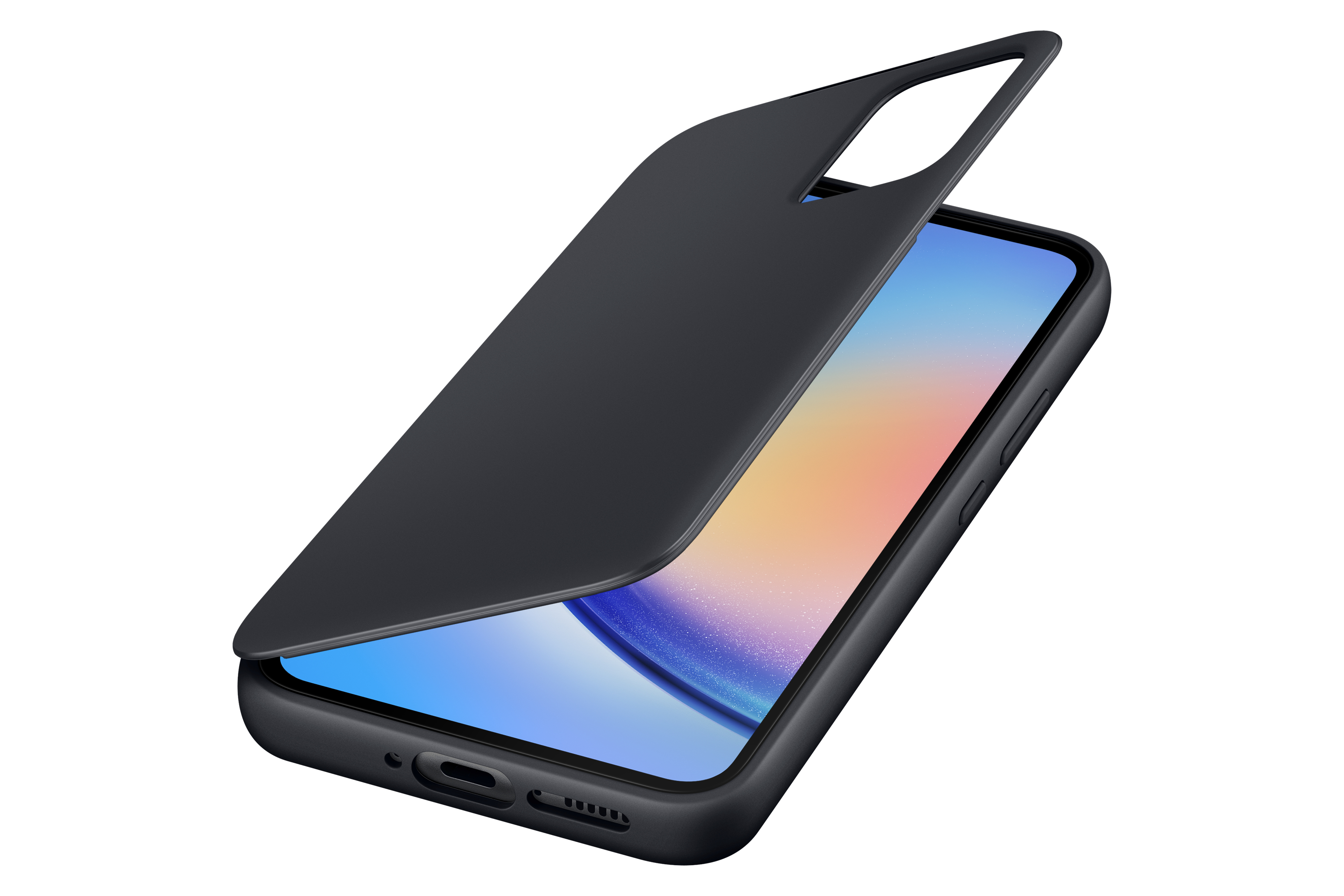 Zwarte telefoonhoes met de telefoon gedeeltelijk ingevoegd, het scherm tonend.