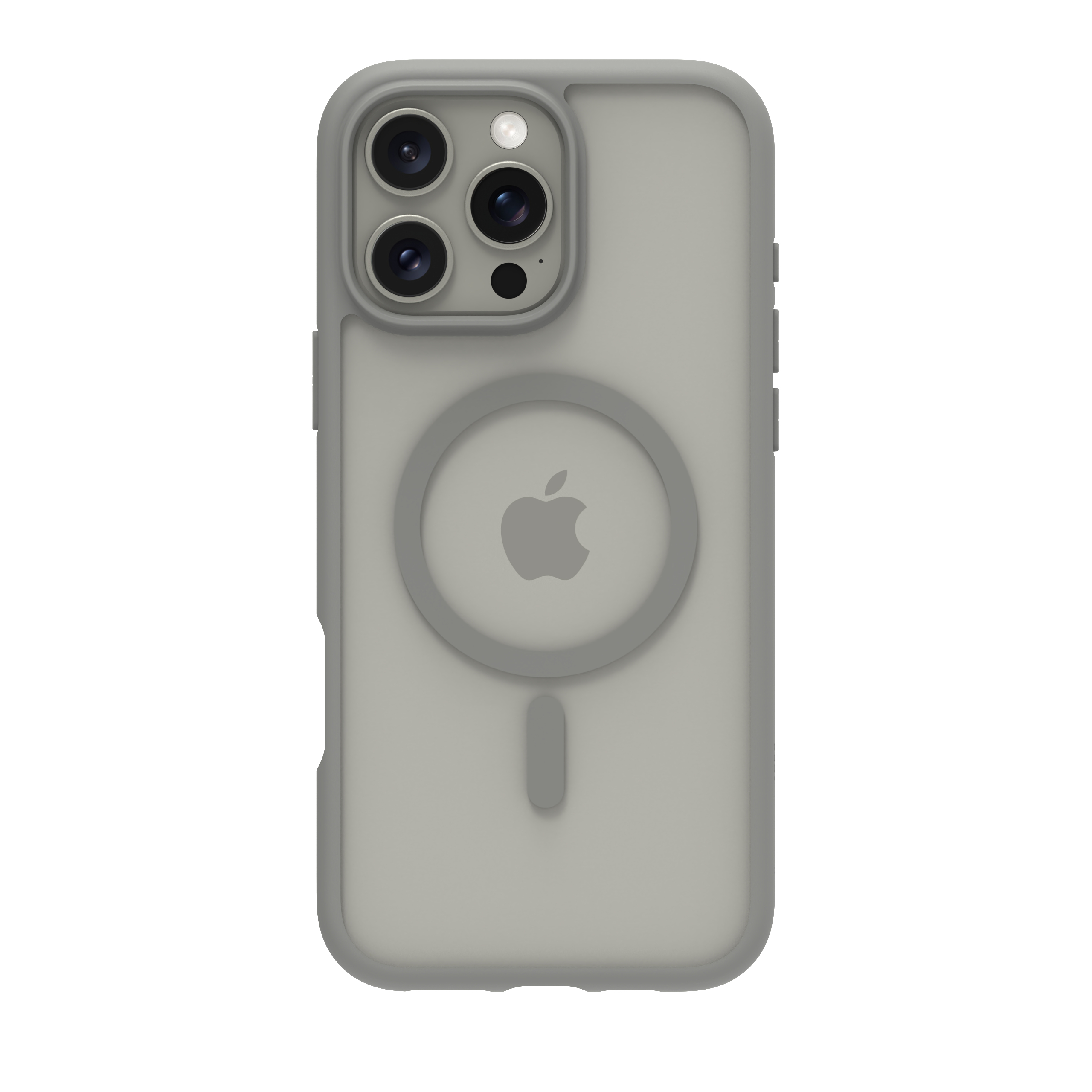Una custodia per telefono con retro grigio e tre obiettivi della fotocamera. Il retro ha un logo.