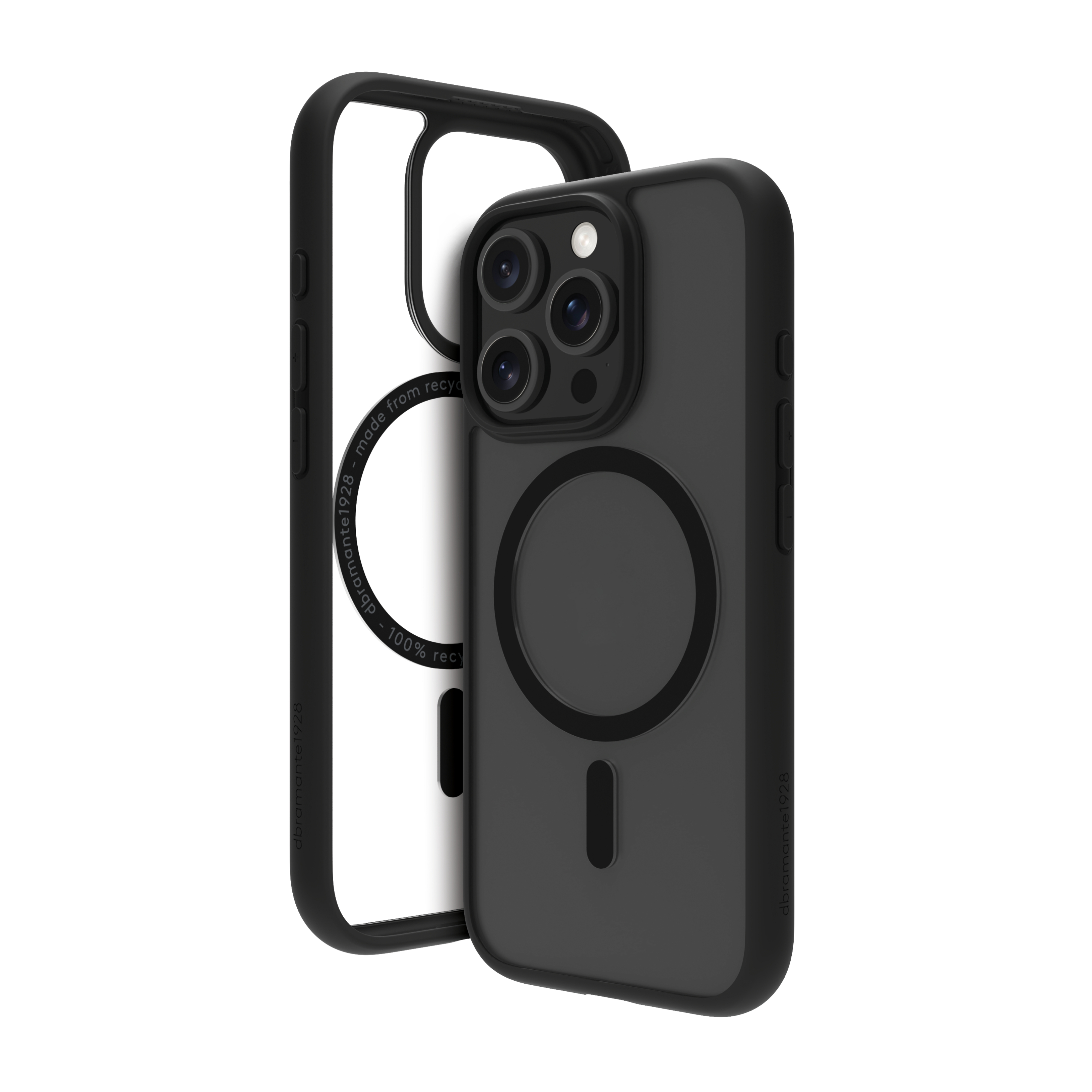 Custodia per telefono nera con cornice nera trasparente. La custodia ha un'area magnetica circolare.