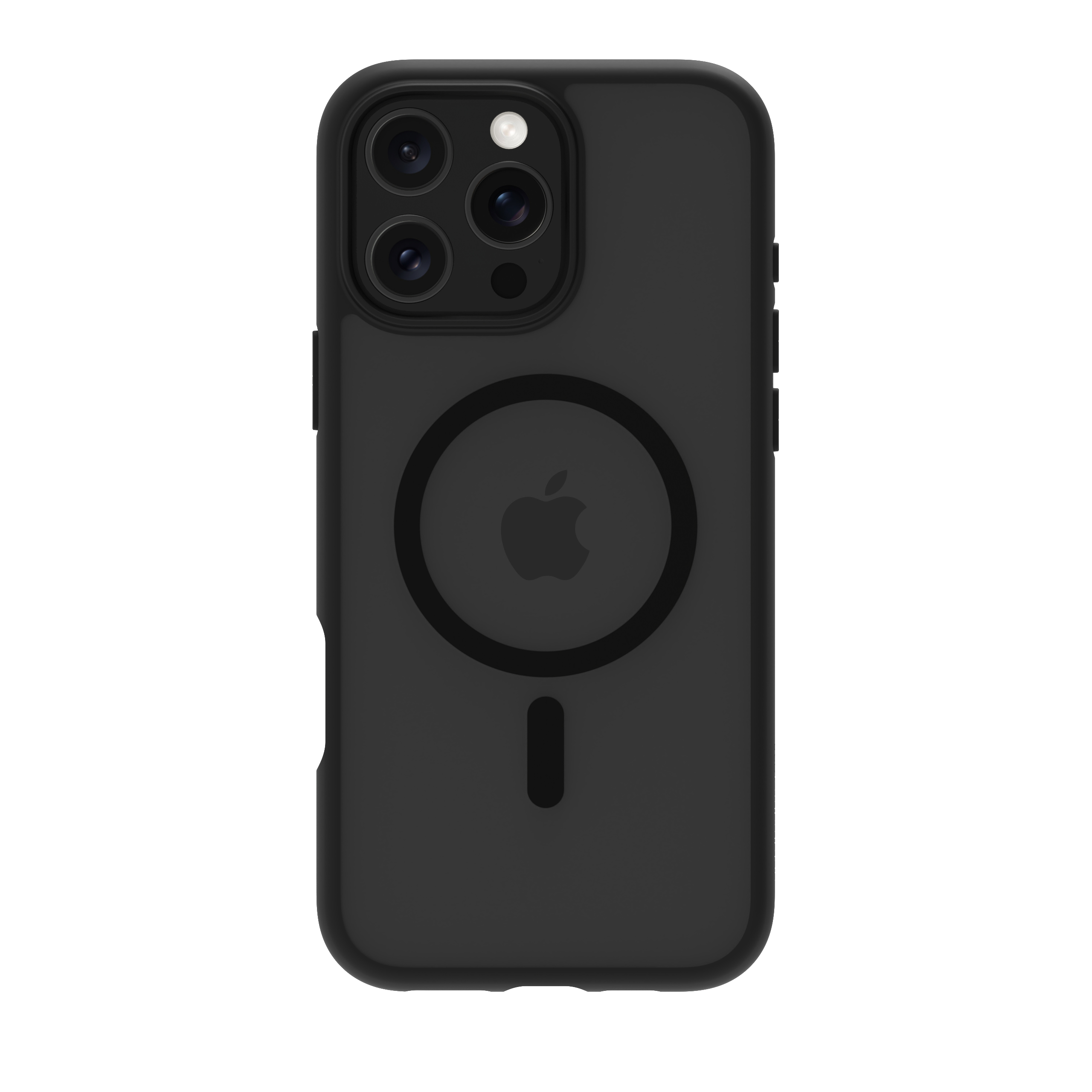 Custodia per telefono nera con logo Apple e anello magnetico. La custodia ha una superficie strutturata.