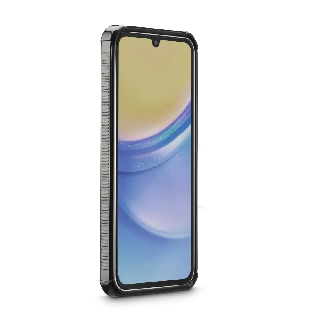 Ein Telefon mit schwarzem Gehäuse. Der Bildschirm zeigt ein blaues und gelbes abstraktes Design.