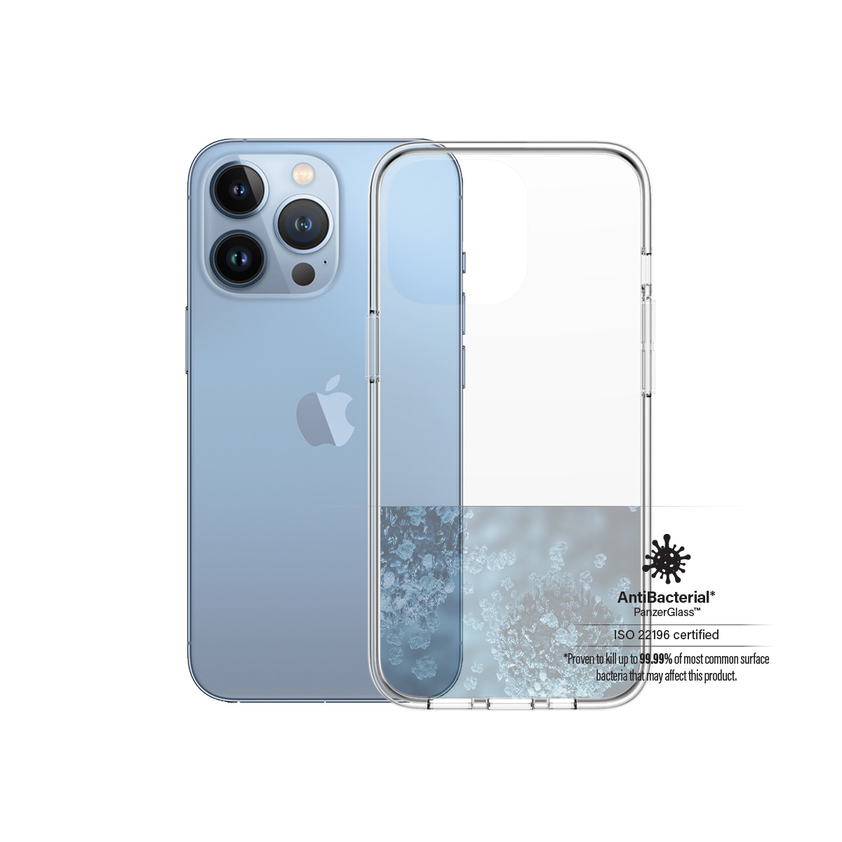 Un iPhone azzurro con una custodia protettiva trasparente. Il telefono ha tre fotocamere.