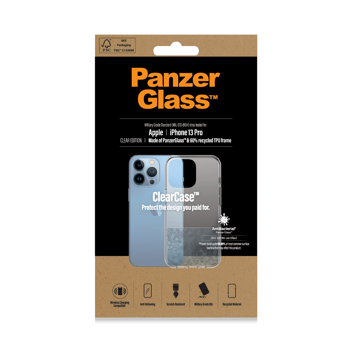 Confezione della custodia PanzerGlass iPhone 13 Pro. Custodia trasparente, contorno del telefono e informazioni.