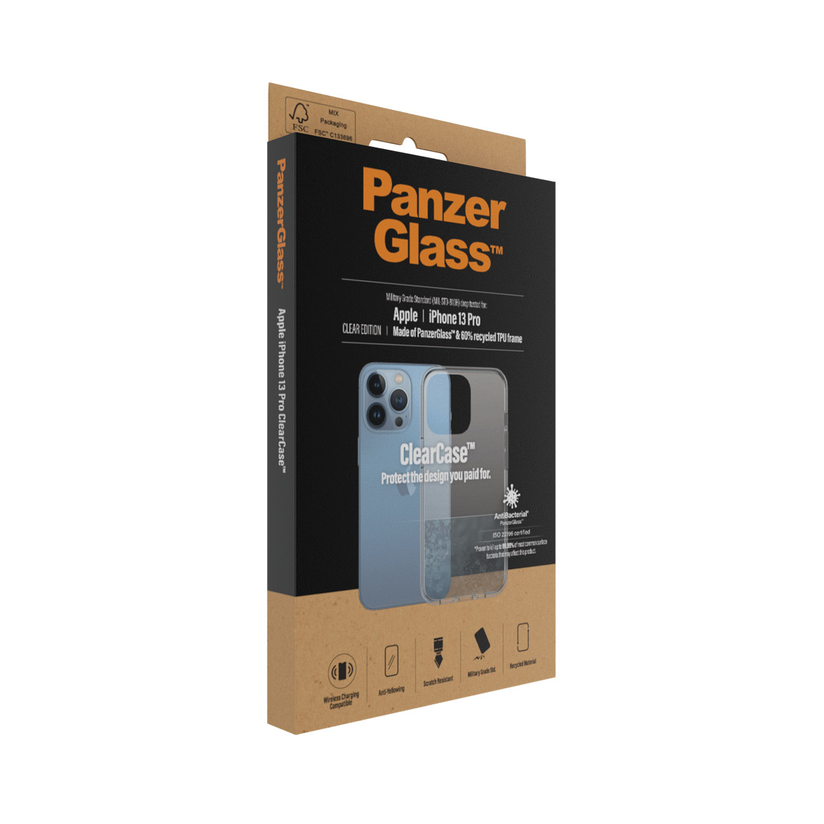 Una scatola del prodotto con una custodia per telefono all'interno. Testo sulla scatola: PanzerGlass, Apple iPhone 13 Pro ClearCase.