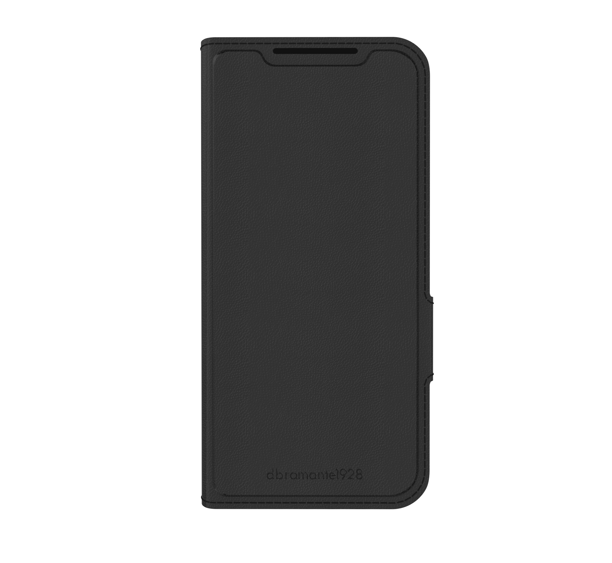 Custodia per telefono nera con una texture liscia. La custodia ha una copertura.