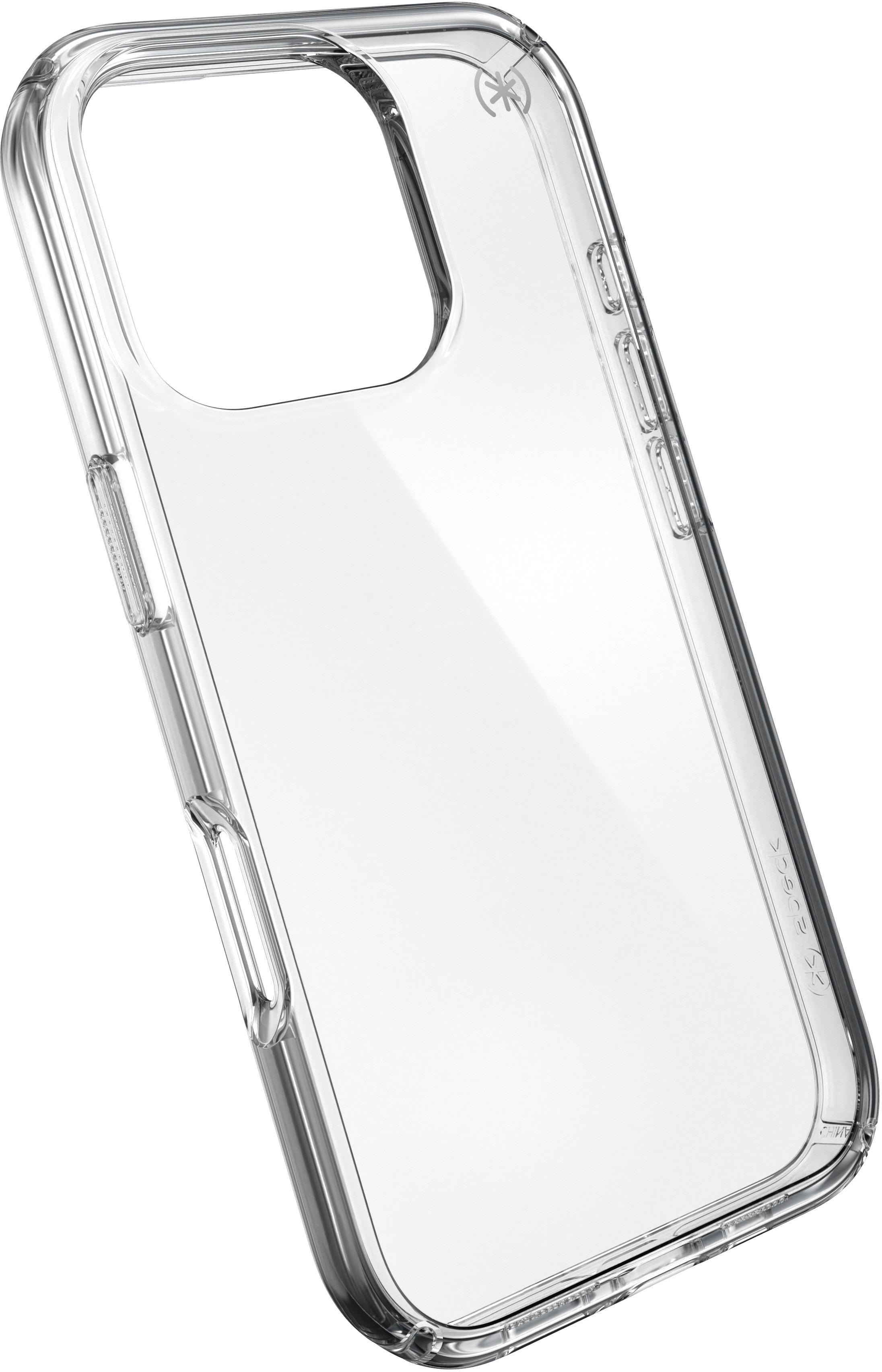 Una custodia trasparente per telefono, angolata, che mostra i pulsanti laterali. È in plastica trasparente.