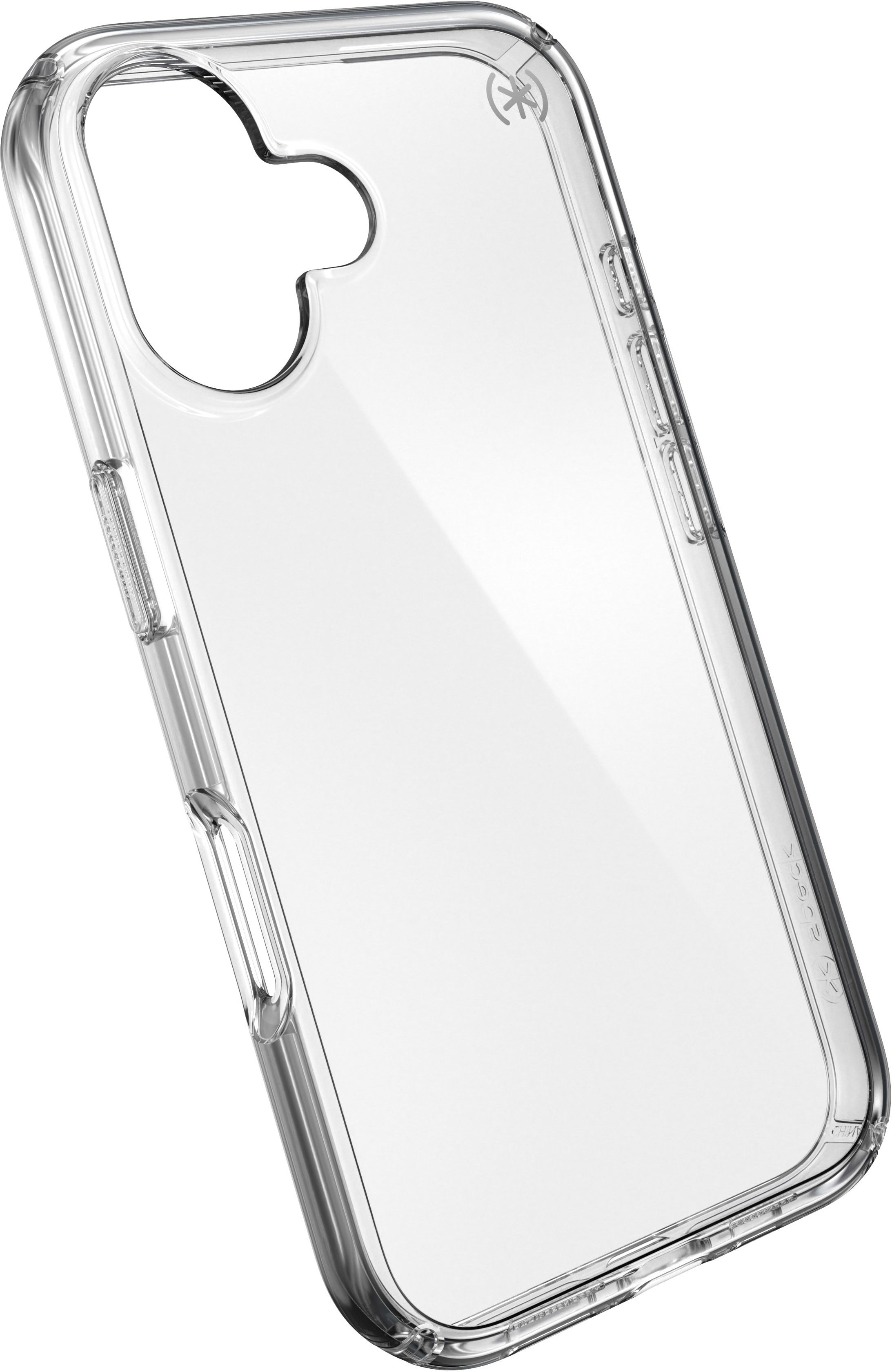 Custodia trasparente per telefono, vista angolata, che mostra la forma del dispositivo e il ritaglio della fotocamera.