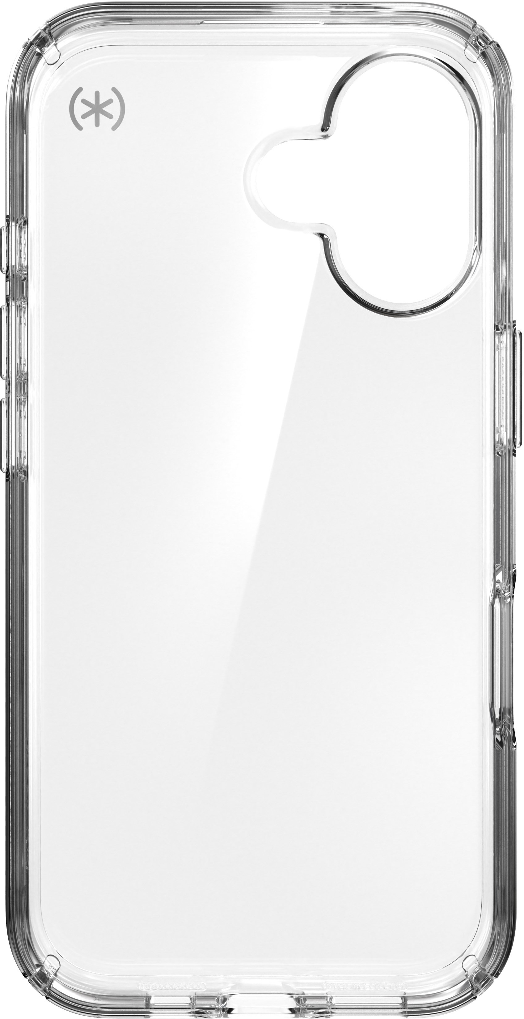 Custodia trasparente per telefono con ritaglio per fotocamera e logo Speck.