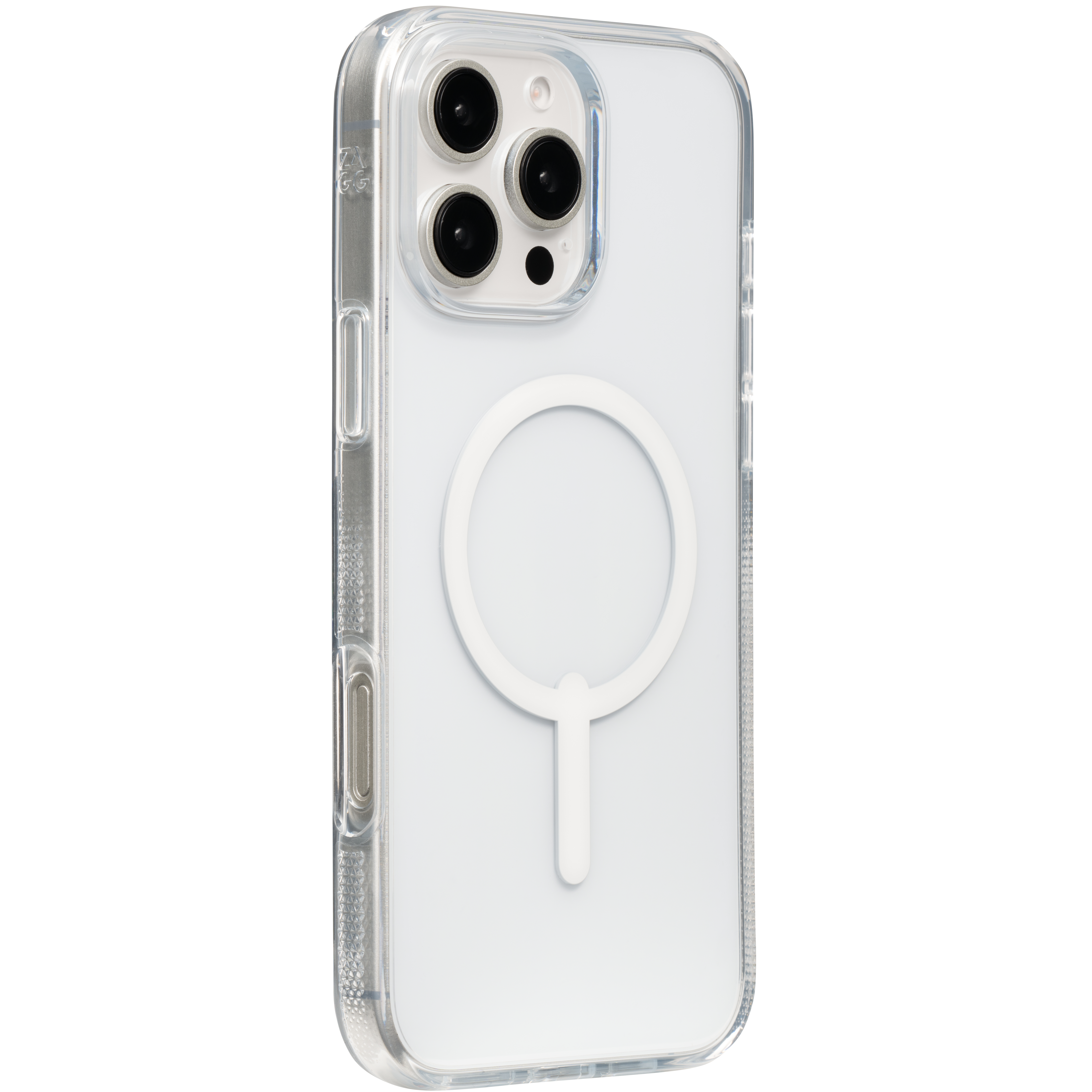 Custodia trasparente con design circolare bianco, lenti della fotocamera visibili.