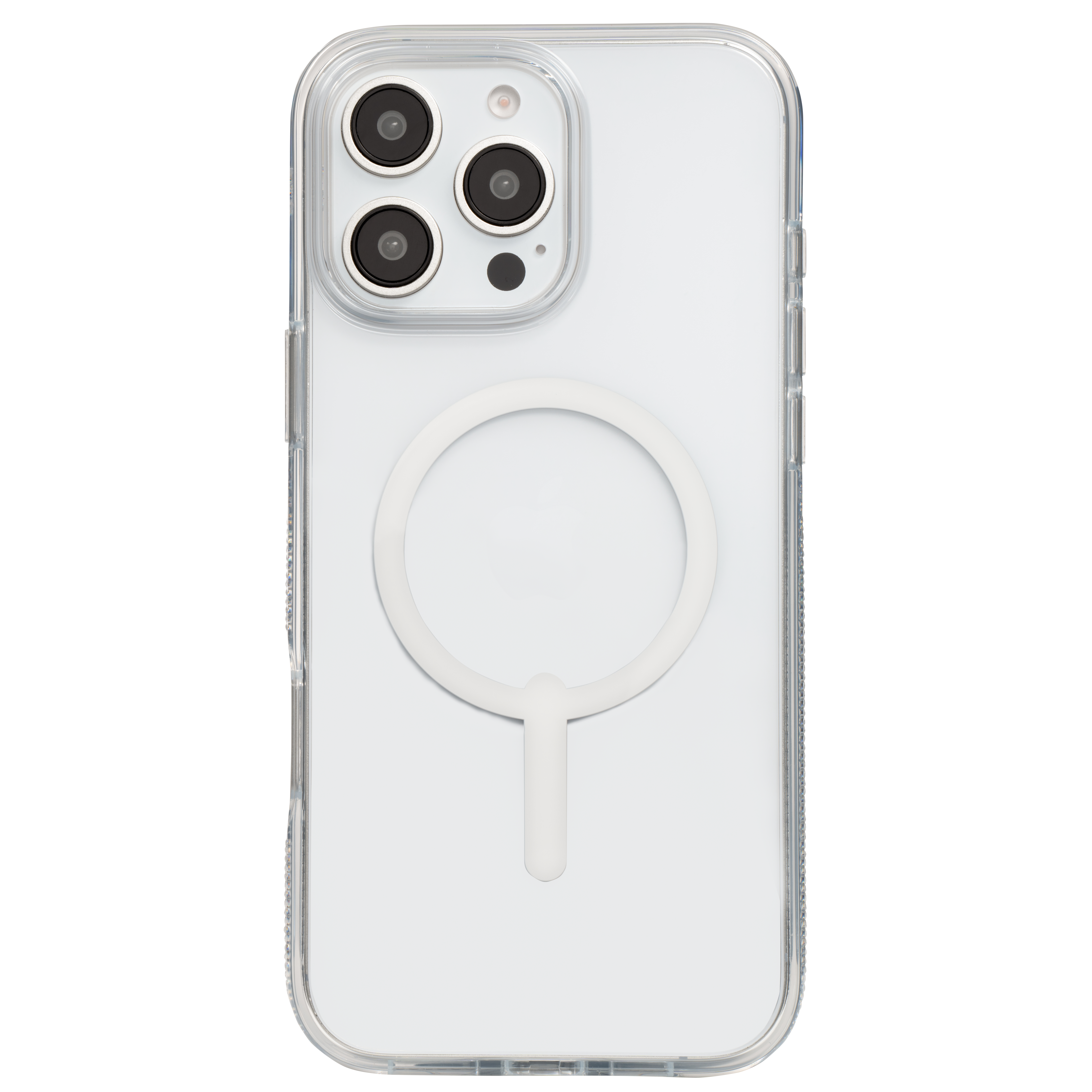 Custodia trasparente con più fotocamere e un cerchio bianco.